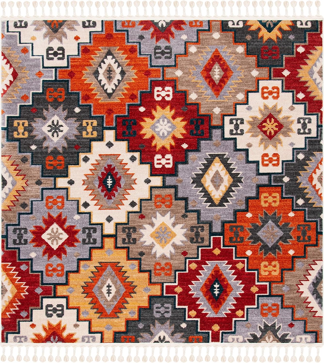 SAFAVIEH Farmhouse Collection 2'1" x 8' Grey / Red FMH805F Moroccan Boho Tassel Runner Rug