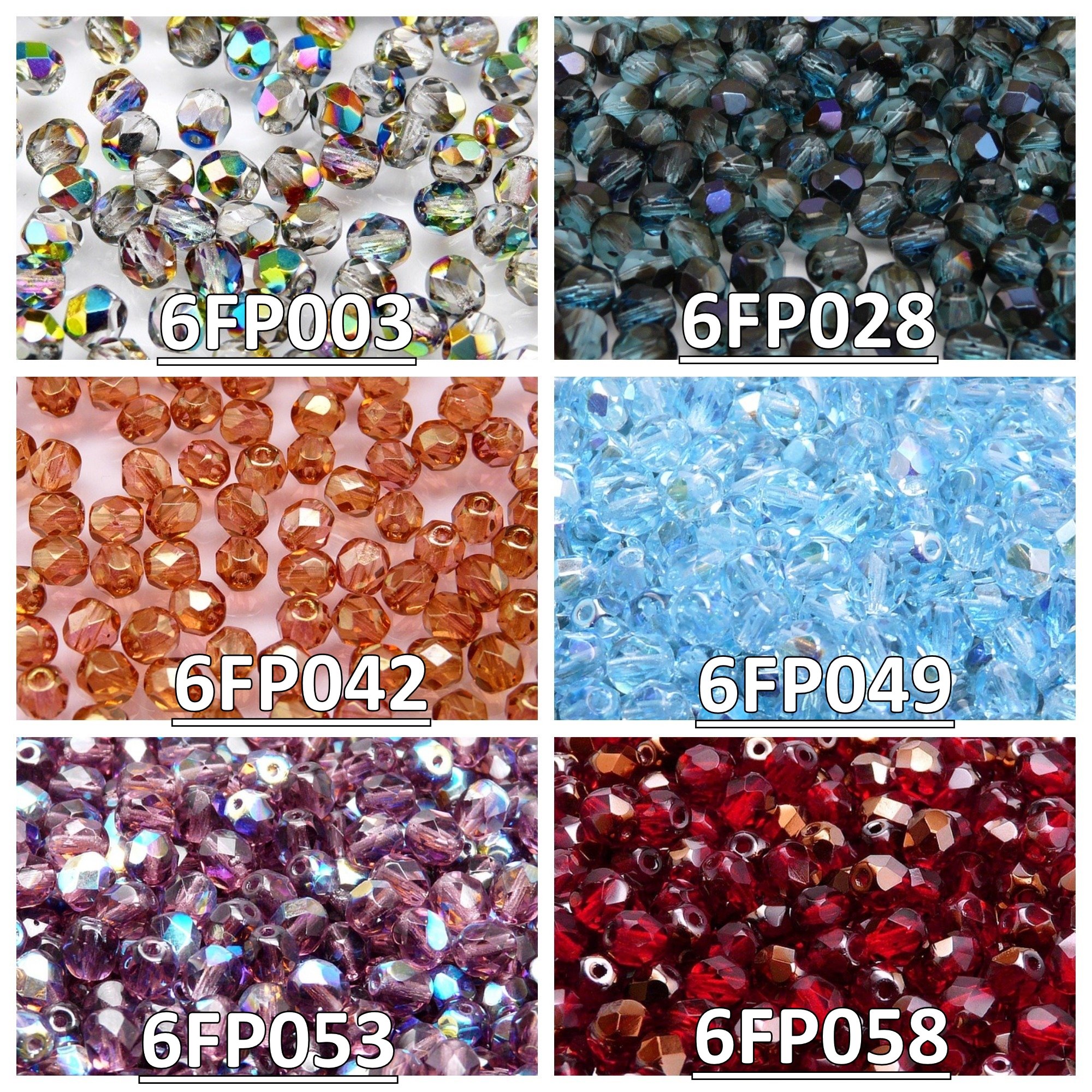 Czech Glass Beads Fire-Polishedº Round 6mm, Set 609: 6 colours, total of 300 beads (1/2 Mass), 6FP003 6FP028 6FP042 6FP049 6FP053 6FP058