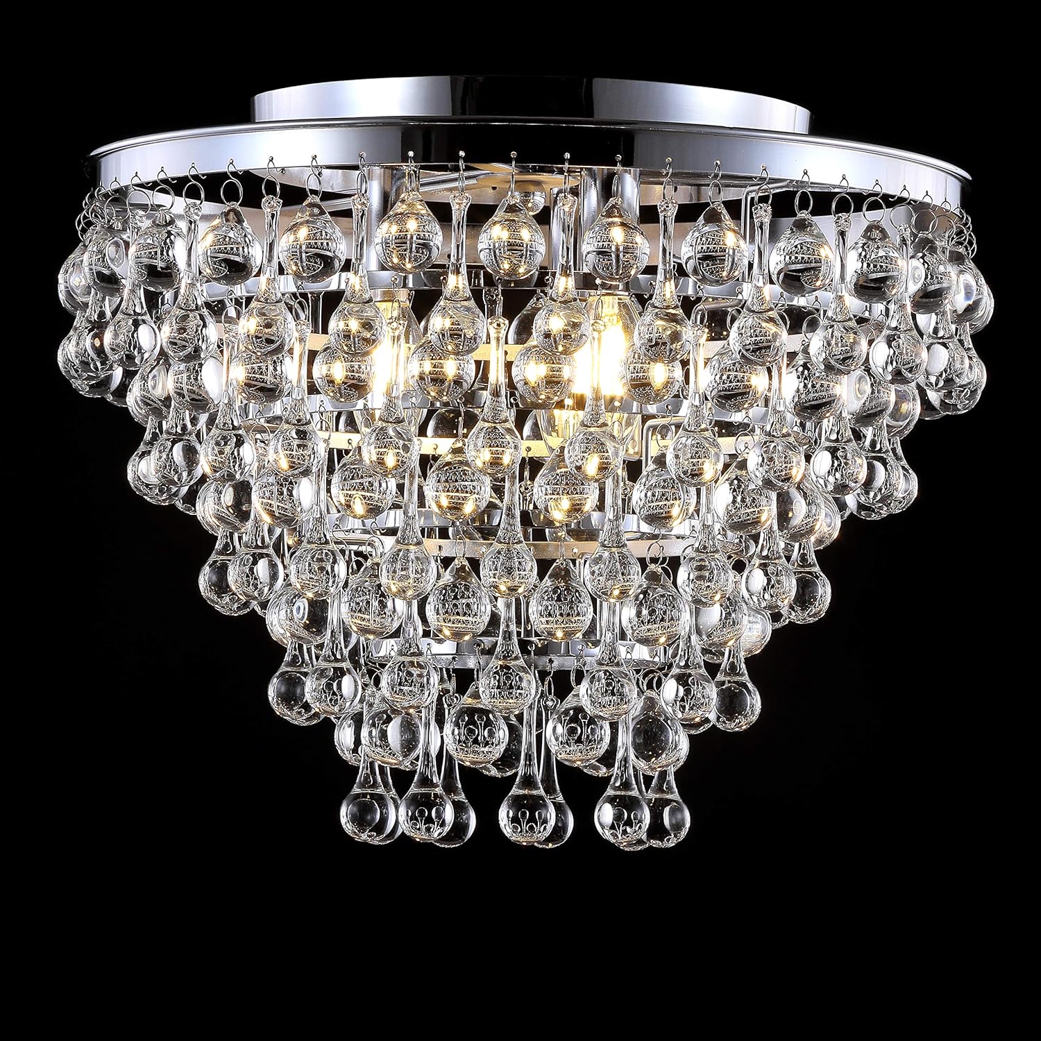 JONATHAN Y 16" Chrome Modern LED Flush Mount Ceiling Light Fixture, 3-Light Chandelier with Clear Teardrop Crystals for Bedroom Dining Room, UL Listed (JYL9030B)