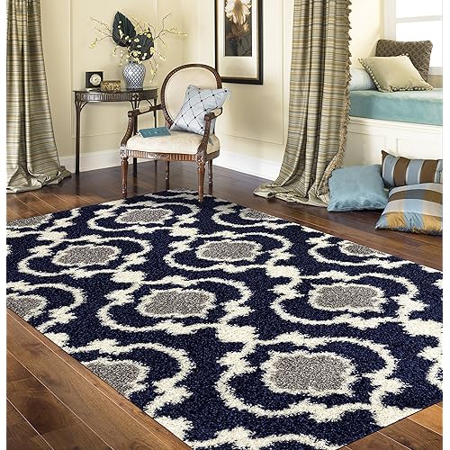 Cozy Moroccan Trellis Indoor Shag Area Rug Navy 5'3" x 7'3"
