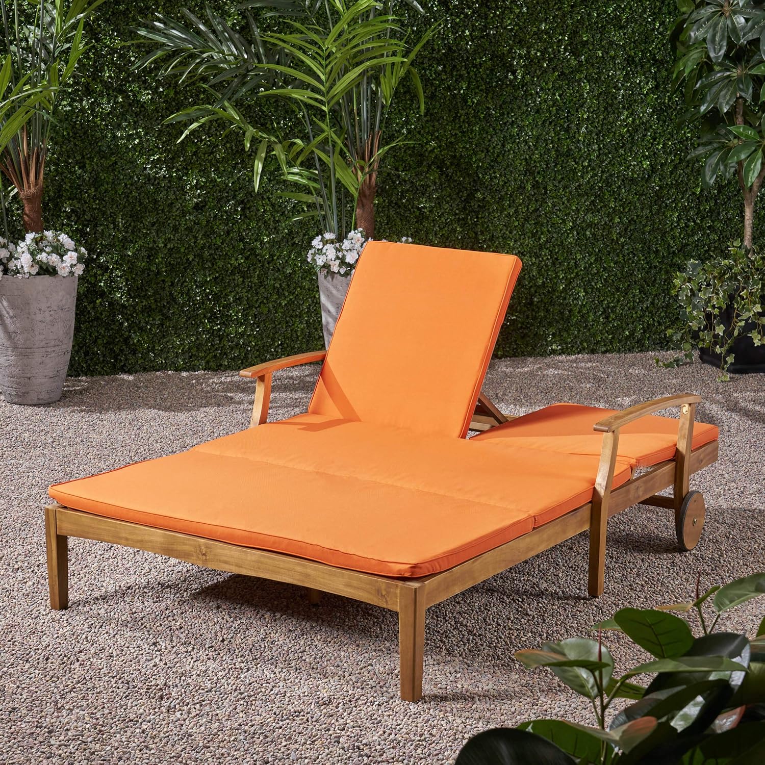Teak Double Chaise Lounge with Orange Cushions