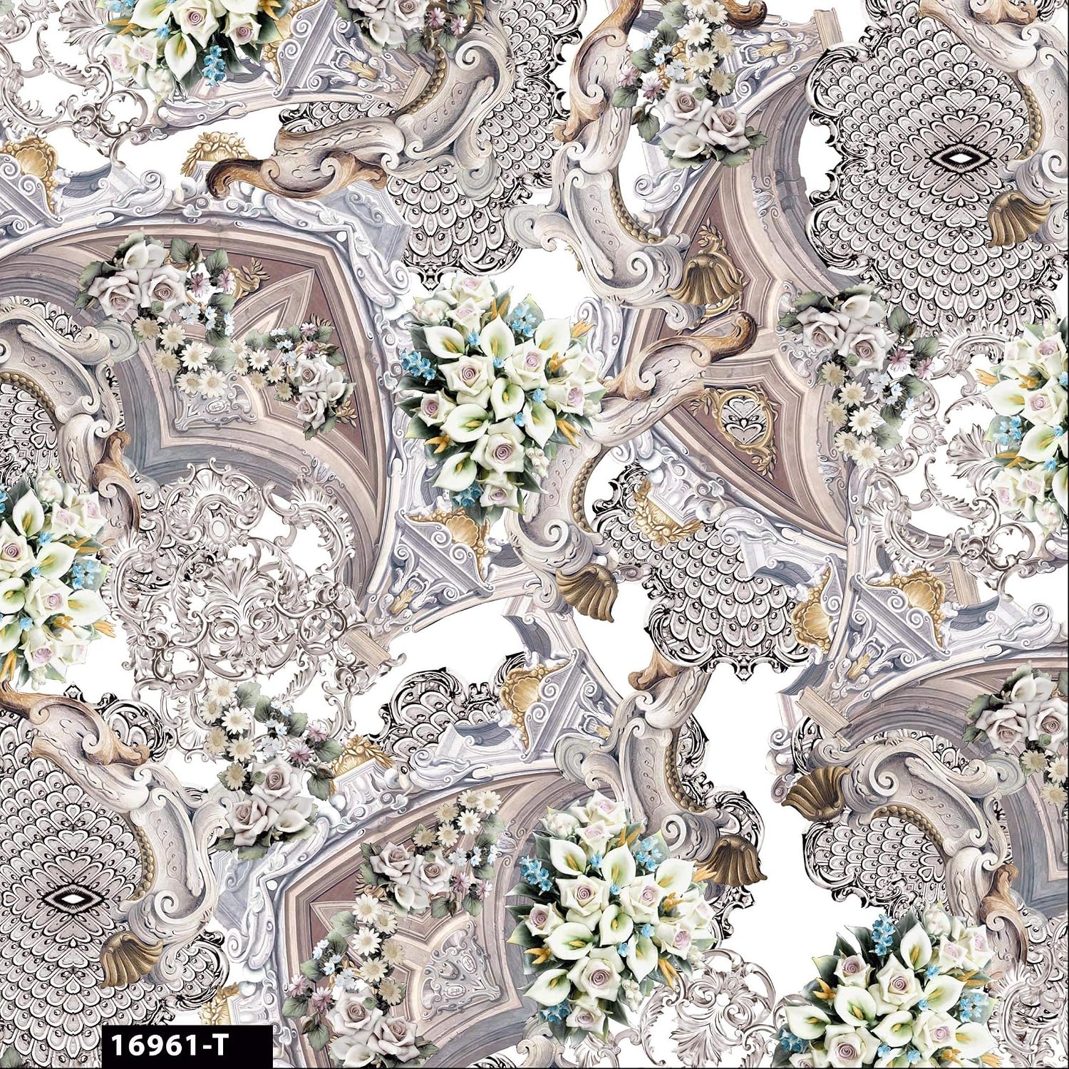 Conversational Ancient Romantic Floral Design 100% Cotton Quilting Fabric by The Yard - (Off White, Grey and Taupe Brown)