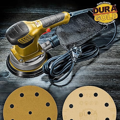 Miniatura 5 de Dura-Gold Discos de lijado dorados de 5 pulgadas de alta calidad, grano 120 (caja de 50), papel de lija de gancho y bucle sin polvo con patrón de 9