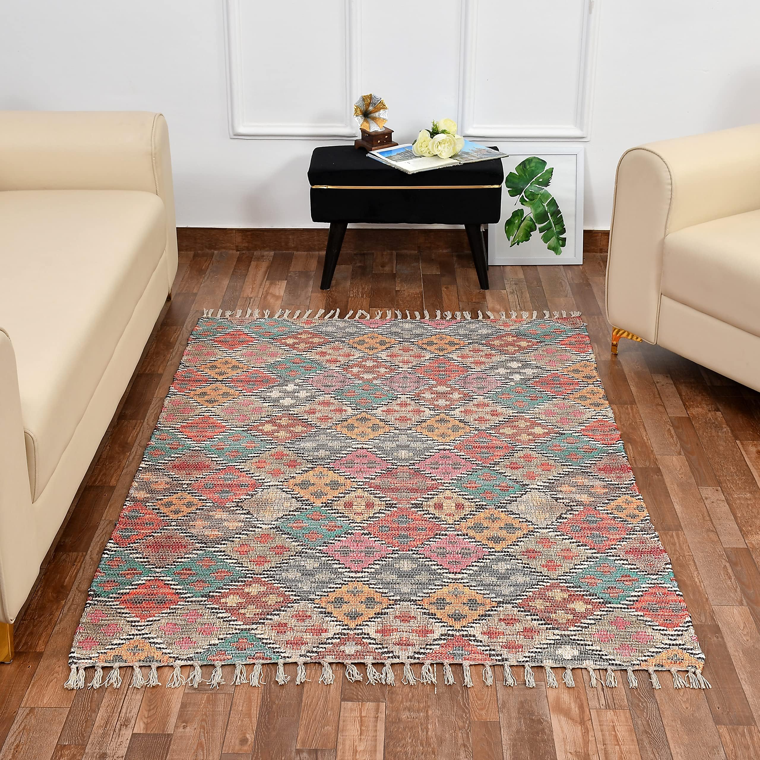 Homadorn Handmade Sustainable Printed Modern Dhurrie/Rugs/Carpet Recycled Fabric for Living Room/Bedside Runner for Enhanced Decor (3 feet x 5 feet, Multicolor Geometric)