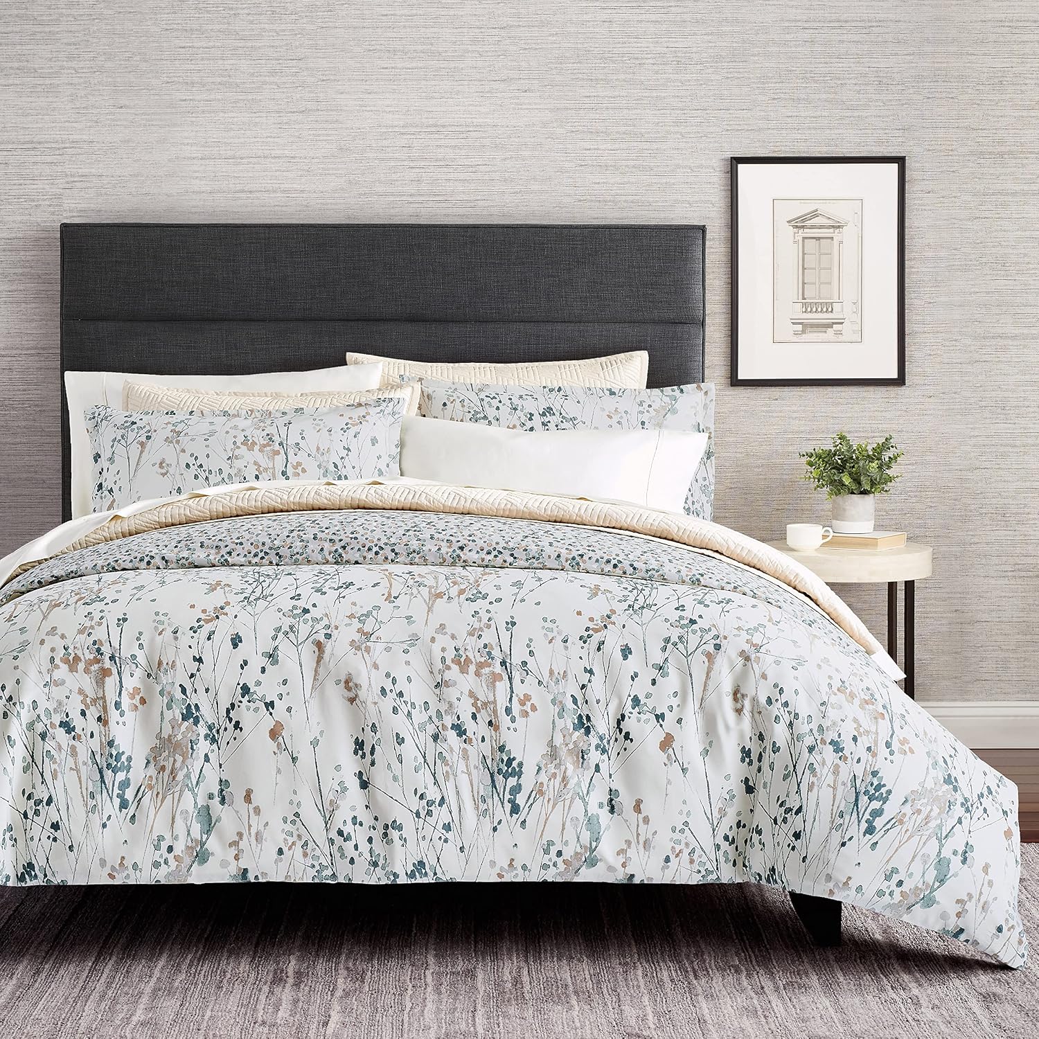 Scott Living Willow Cotton Reversible Floral Leaf Queen Comforter Set - 3 Piece | 1 Comforter - 2 Shams | Modern Botanical Design | Transitional Bedspread | Luxury Fall Bedding | Harbor Mist Gray