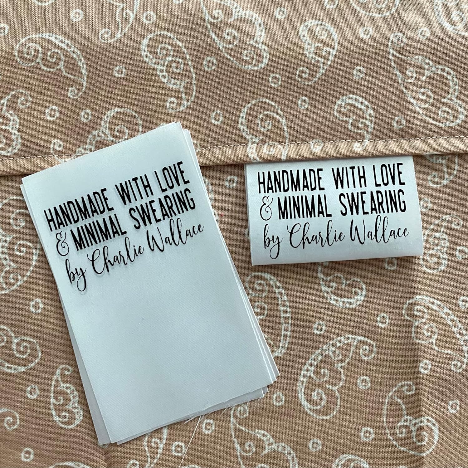 Personalized Satin Quilt Labels – “Made with Love & Minimal Swearing” Funny Sewing Tags – Custom Name Quilt Tag – Fold Over Labels for Handmade Quilts (Set of 25)