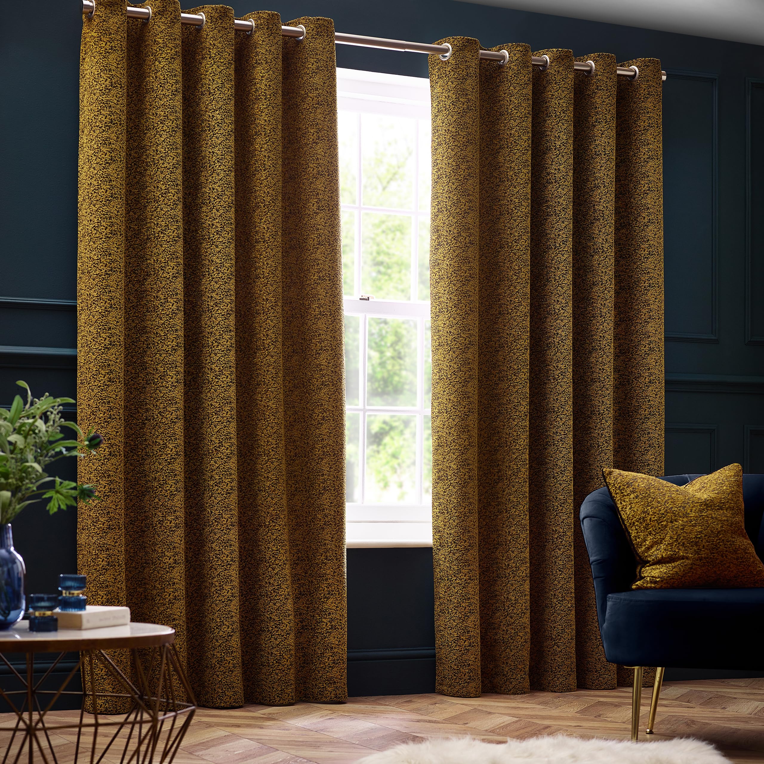 Paoletti Galaxy Eyelet Curtain Pair – Lined Room Darkening Luxury Opulent Chenille Curtains (Gold - 229x229cm)