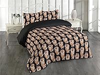 Vista 18 de Ambesonne Juego de funda de edredón de calavera, cabeza de esqueleto de estilo americano tradicional y boceto floral sobre arte estampado oscuro