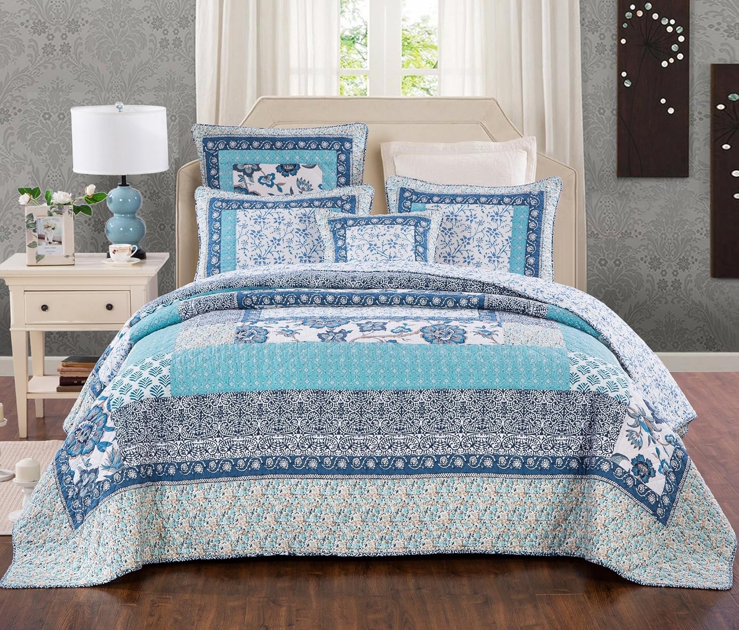 Tache Blue Patchwork Quilt Bedspread Blue Elegance 2 Piece Cotton Floral
