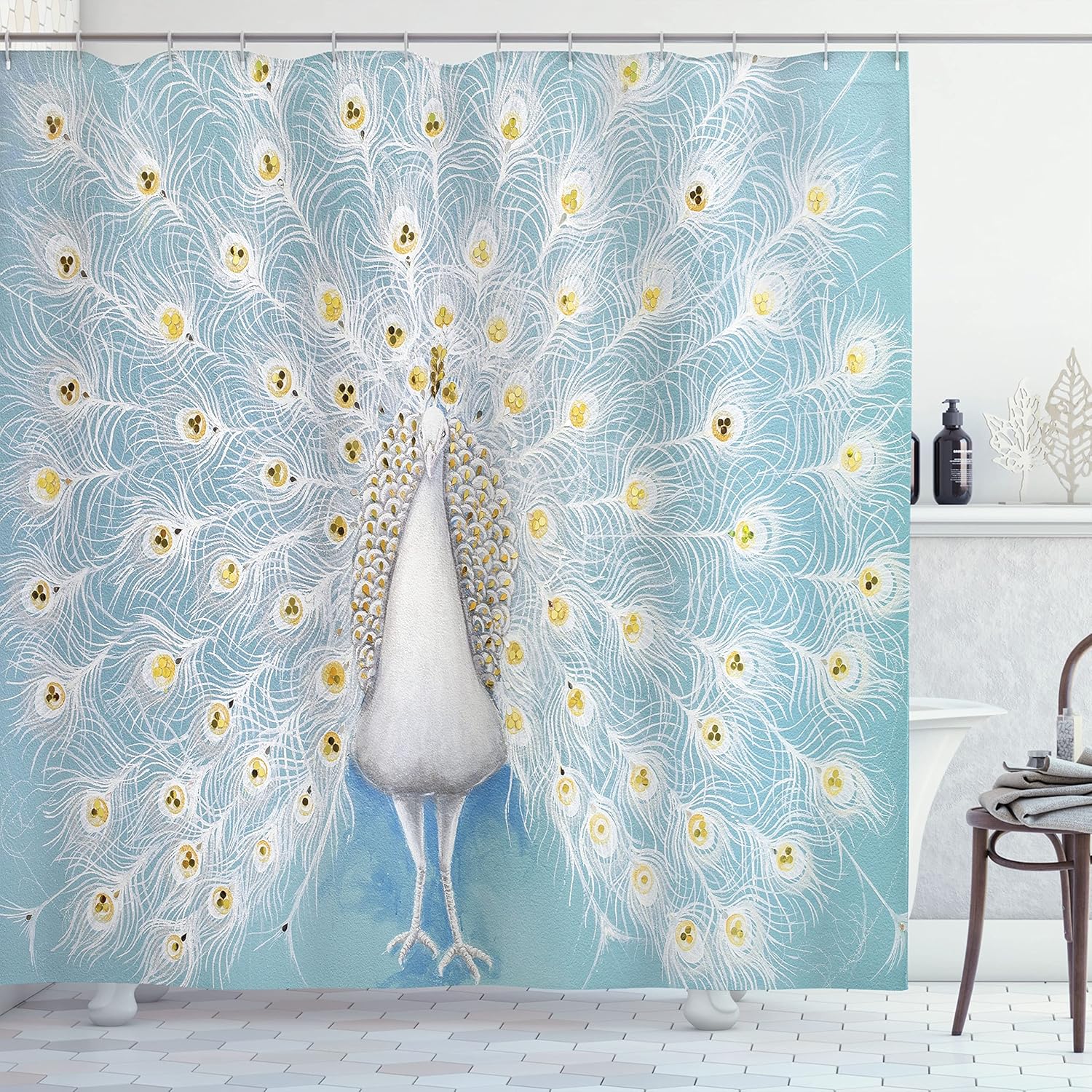 Ambesonne Peacock Shower Curtain, Peacock Pattern on The Wall Nature Colorful Ornate Art Print, Cloth Fabric Bathroom Decor Set with Hooks, 69" W x 70" L, Yellow Pale Blue