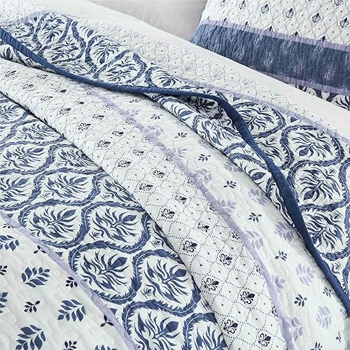 Miniatura 4 de Juego de edredón tamaño King, color azul oscuro, blanco, floral, tamaño King, 100% algodón, colcha de casa de campo King, juego de edredón acolchado