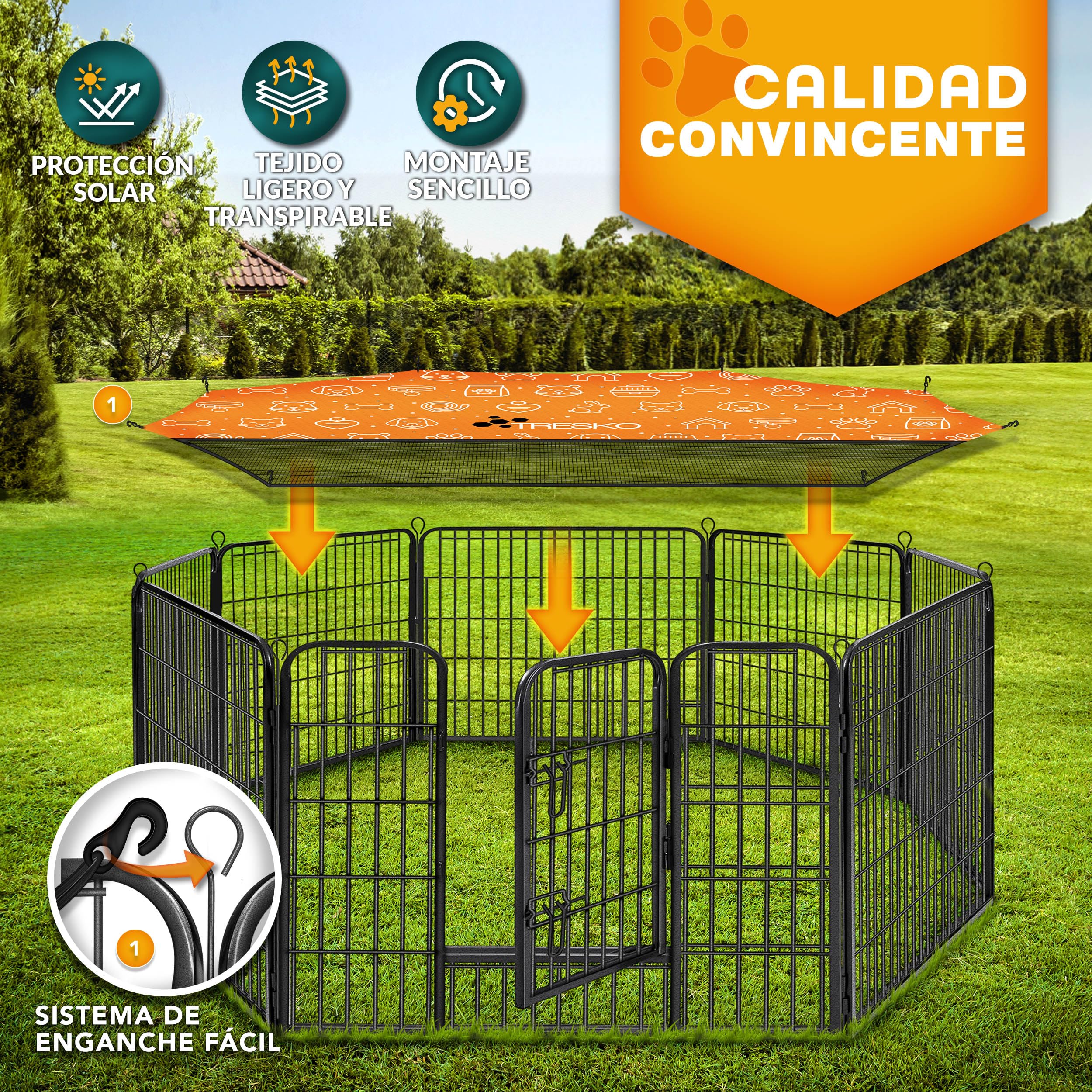 TRESKO® Parque para Cachorros con Techo de 60 cm de Alto con Techo y Anclajes de Tierra, 8 Piezas, Parque Plegable con Puerta, Montaje sin Herramientas, Resistente a la Intemperie