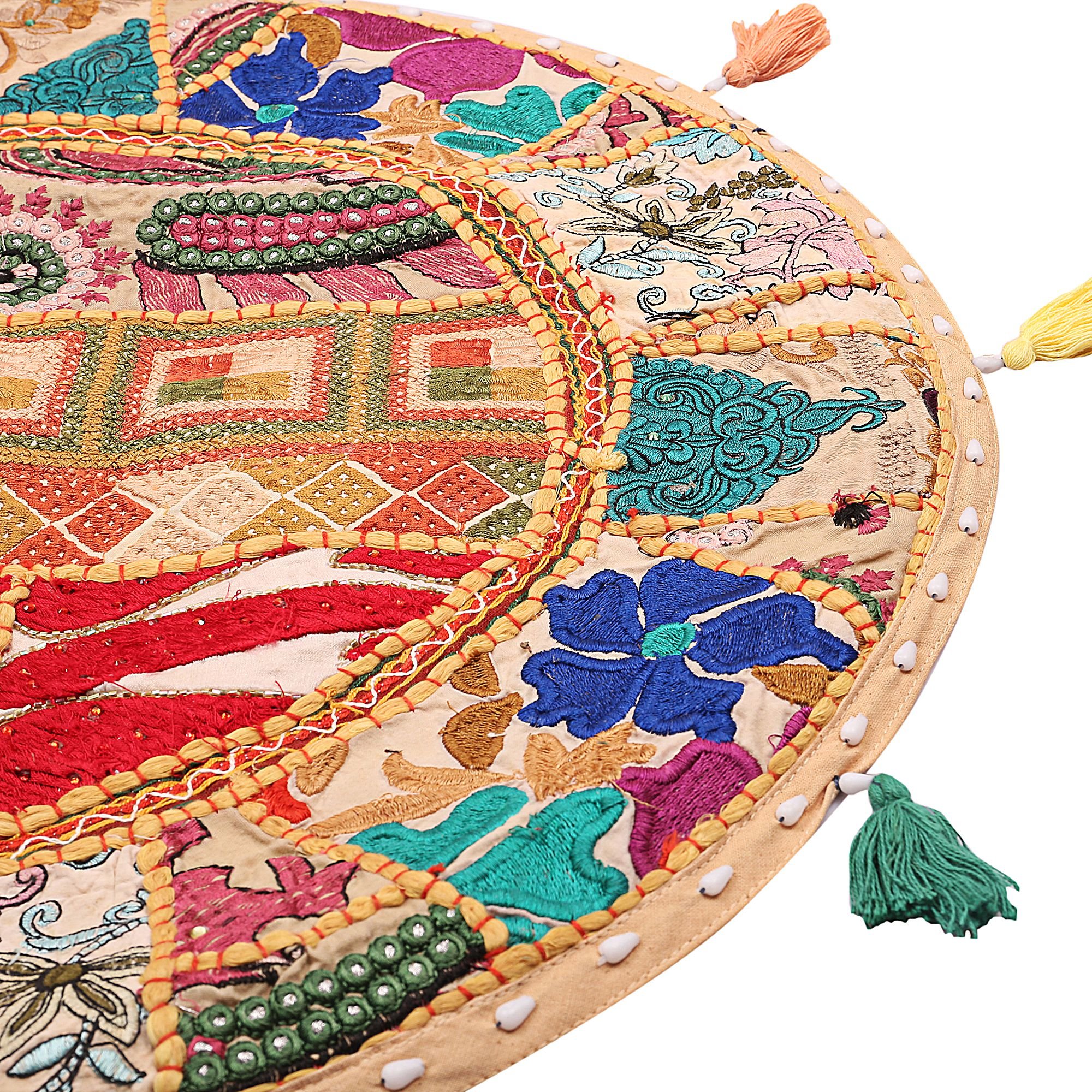 Fodera Per Cuscino Rotondo Da Pavimento, Etnico E Boho, In Cotone Con Ricami E Patchwork Vintage, Beige, Per Yoga O Decorazione - 5