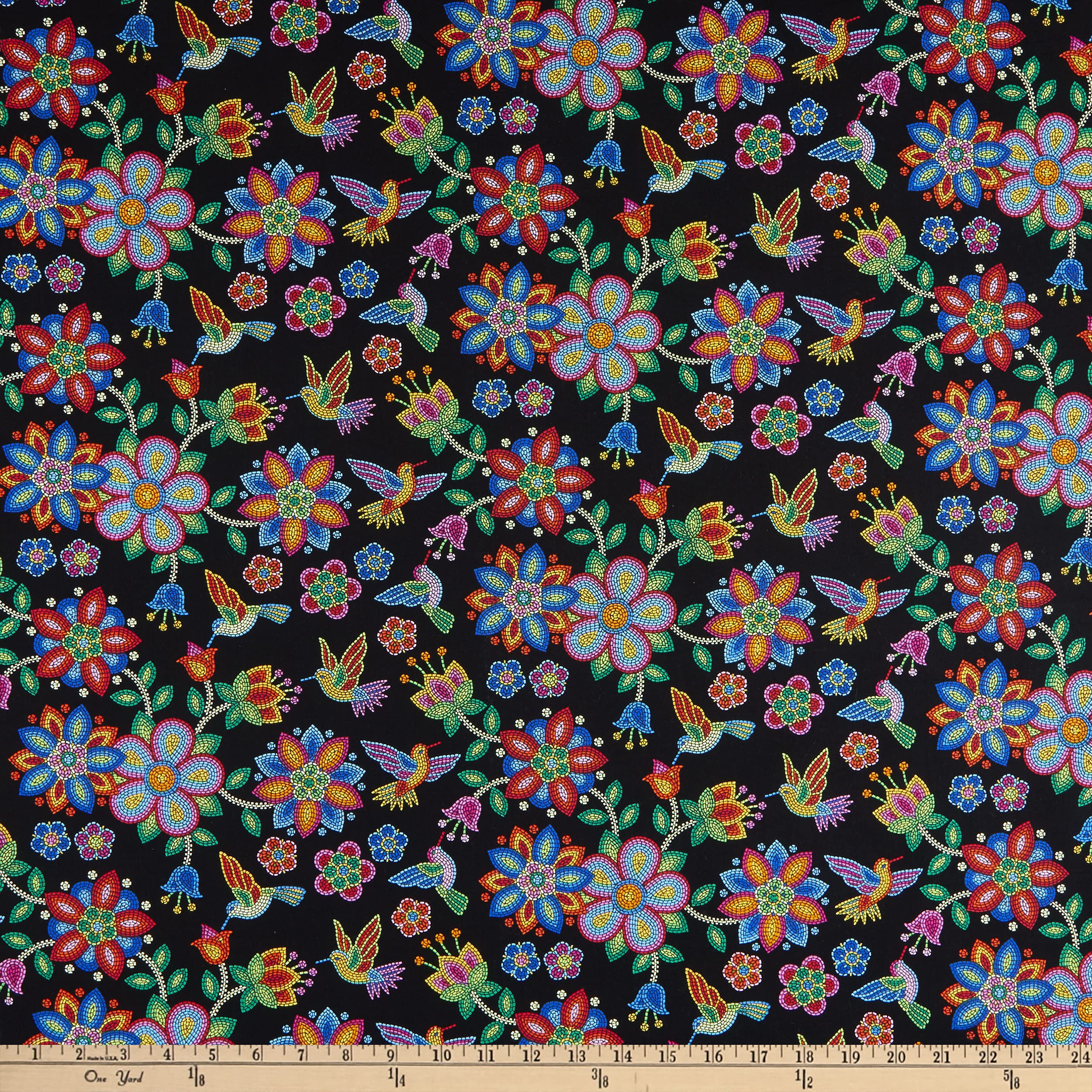 Elizabeth's Studio Tucson Beaded Hummingbirds Fabric, Black Yard