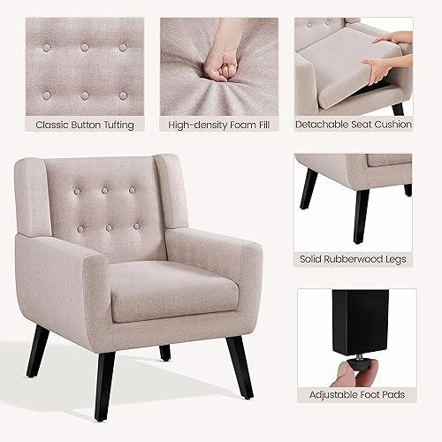 Miniatura 5 de Yaheetech Silla decorativa, moderno sillón copetudo con botones, sillas de tela de lino para sala de estar, dormitorio, cómoda silla de lectura de