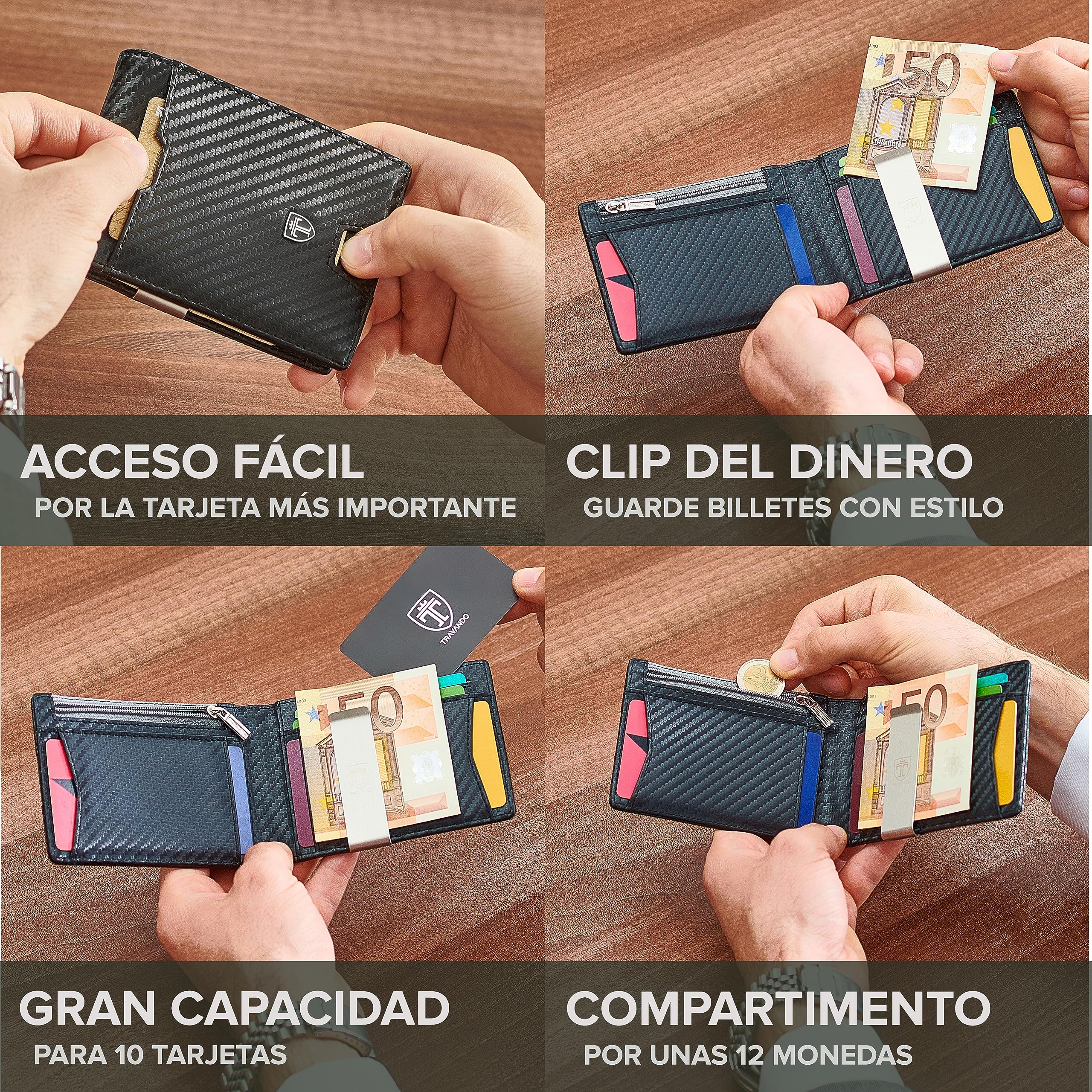 TRAVANDO Cartera con Pinza para Billetes Amsterdam Bloqueo RFID - Seguridad - Tarjetero Hombre Slim - Billetero - Cartera pequeña de Viaje - Estuche, Protege Tarjetas de crédito