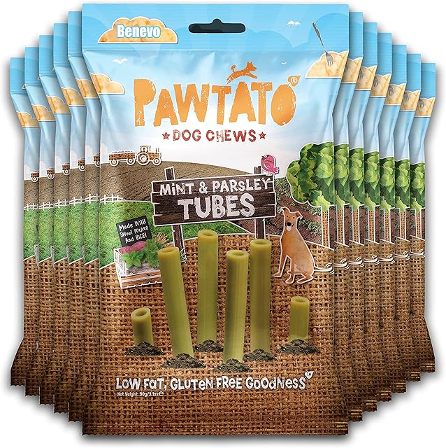 Pawtato Vegan Dog Chews Mint & Parsley Tubes. Natural rawhide alternative dog treat. Low fat, plant based, hypoallergenic, sweet potato and rice chews, 90g