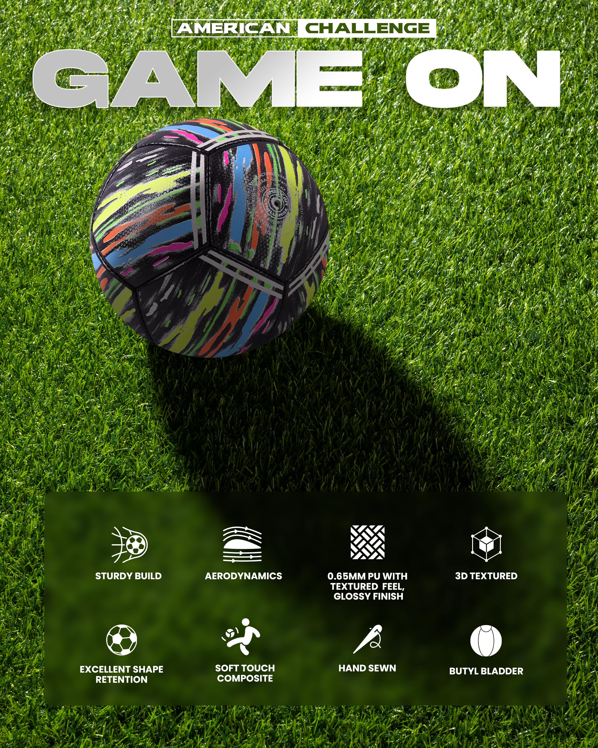 American Challenge Kura Balón de fútbol, Negro/Confeti, 4