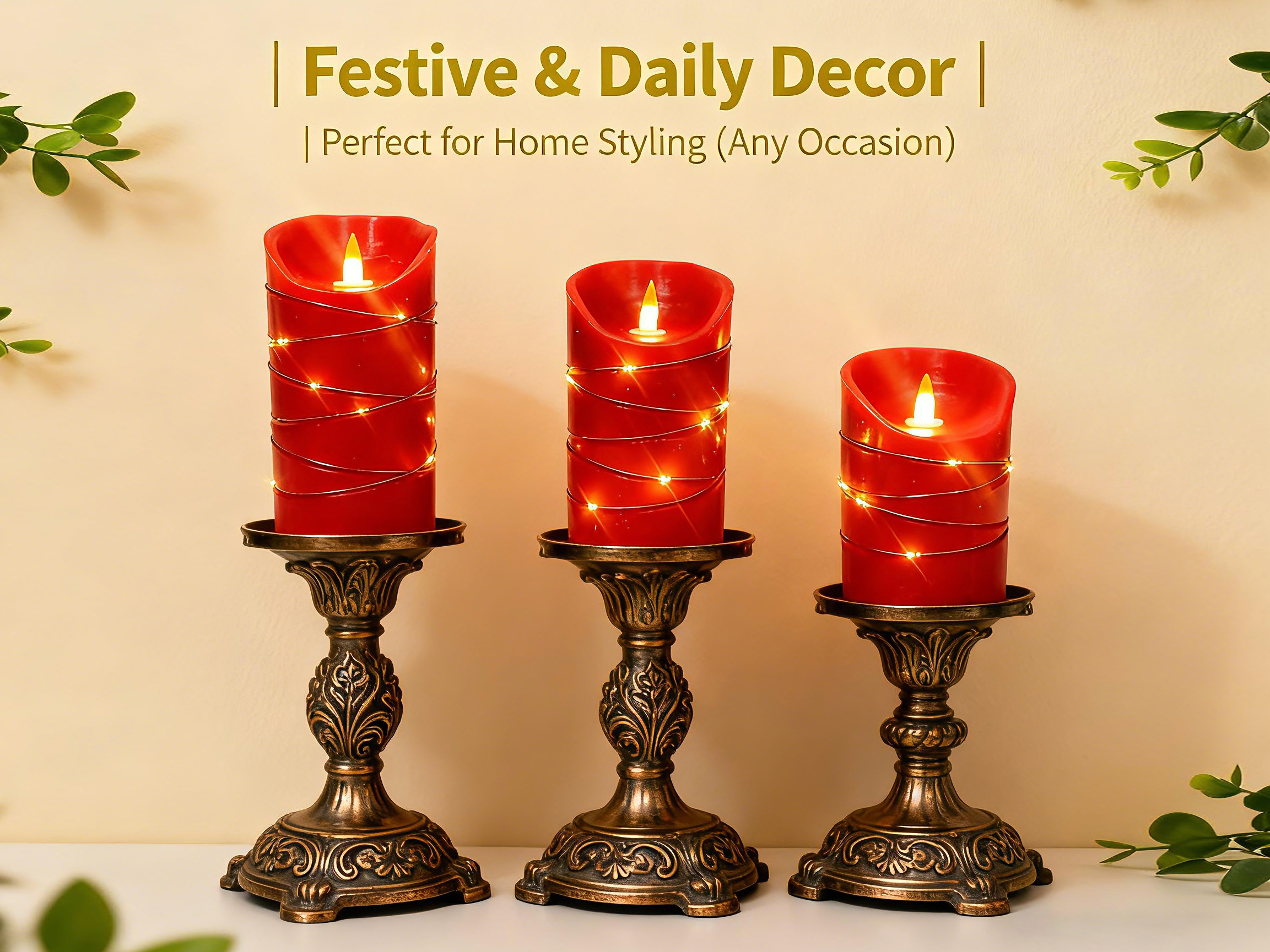 Image of Rechargeable LED Candles, Real Wax, 4 5 6 in,Red, 3 Pack | USB Rechargeable Real Wax Candles with Remote, Timer and Star Lights