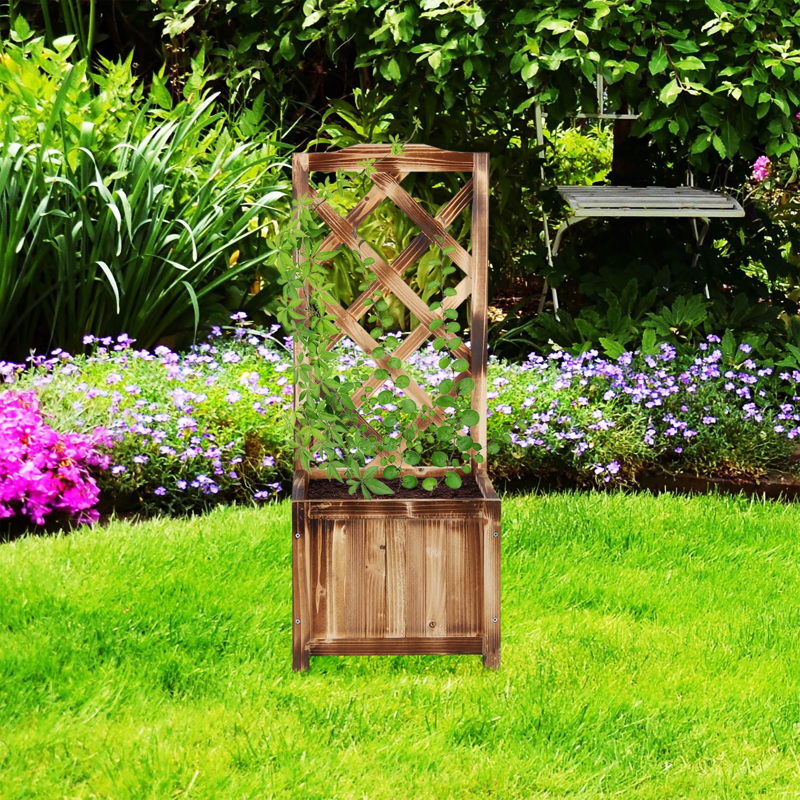 Relaxdays Jardinière avec Treillis Espalier Tuteur Plantes grimpantes bac à Fleurs en Bois Vigne Lierre Rose 20L, 90 cm, Nature, M