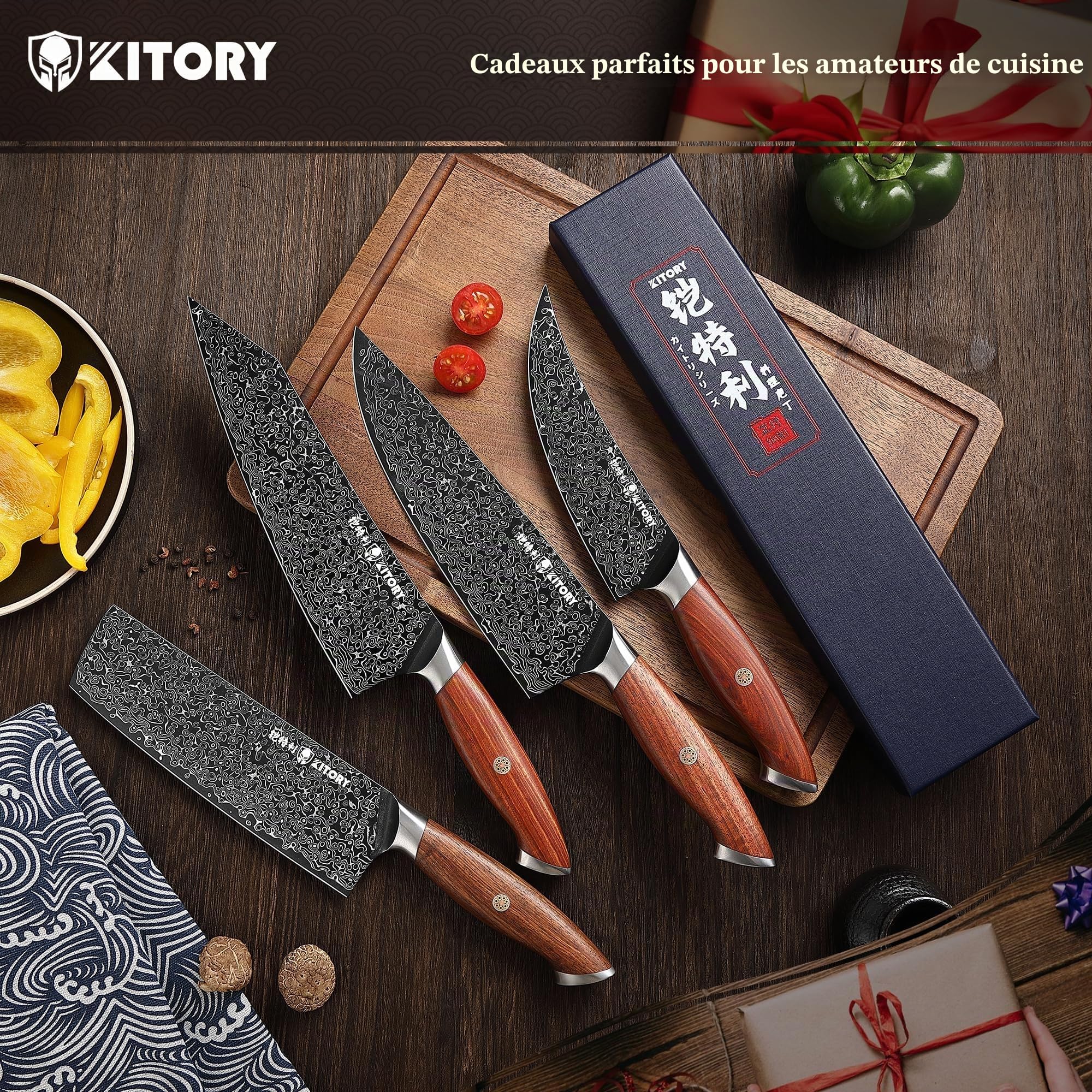 Kitory Couteau de Chef Professionnel 20 cm 73 Couches 10Cr15CoMoV en Acier de Damas avec Manche en Bois de Santal Rouge avec Coffret Cadeau
