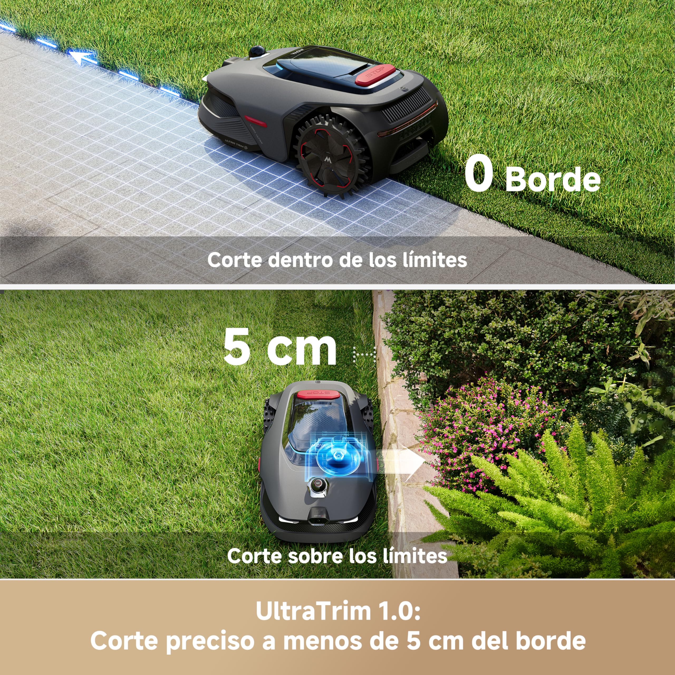 MOVA LiDAX Ultra 1200 Robot cortacésped, sin RTK, mapeo automático con LiDAR 3D de 360°y visión con IA, Corta a Menos de 5 cm de los Bordes, en terrenos complejos, rutas eficientes en Forma de U