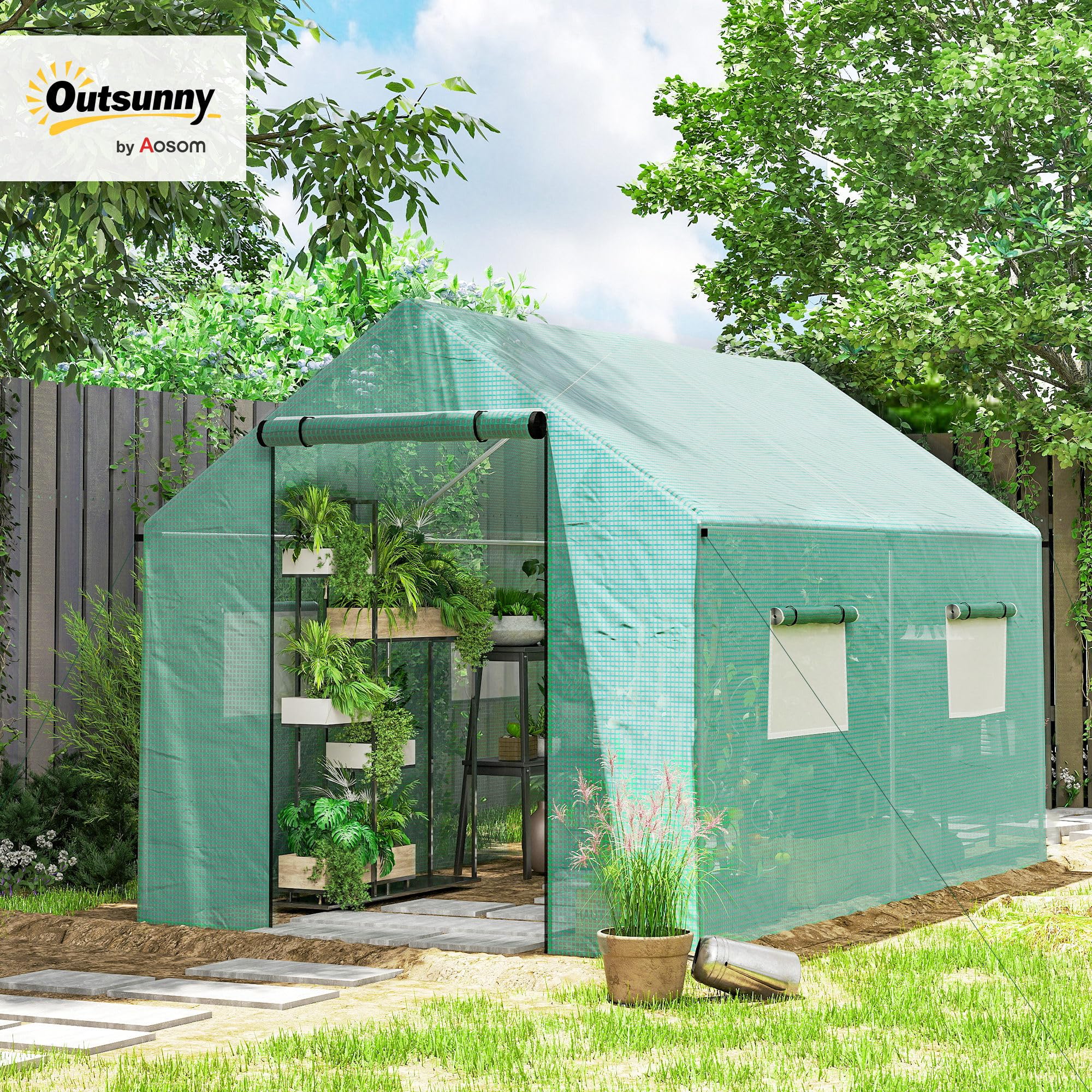 Outsunny Gewächshaus 3 x 2 x 2 m Moskitonetz Spitzdach 4 Fenster Grün