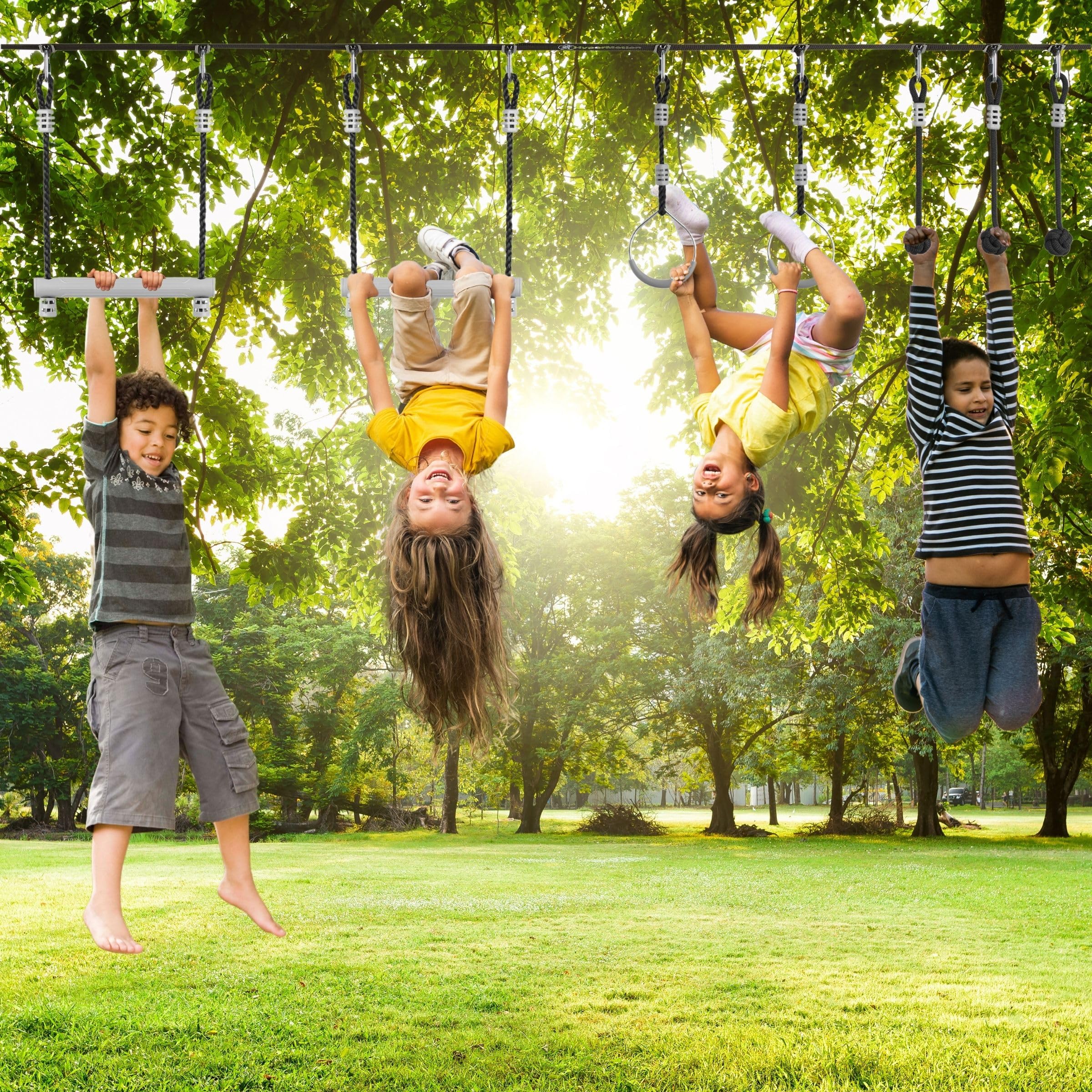 HyperMotion Tor Przeszkód Ninja Dla Dzieci Zestaw Slackline – 7 Przeszkód Z Kółkami Małpimi Pięściami I Drążkami – Udźwig Do 113 kg – Do Ogrodu – Outdoor Zabawa Ruchowa Dla Dzieci I Młodzieży