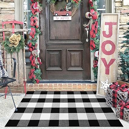 Buffalo Plaid Checkered Rug - Door Mat Outdoor, Black and White Outdoor, Cotton Washable, 27.5x43 Inches