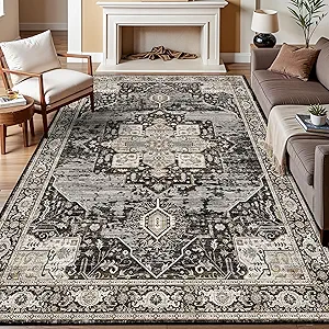RUUGME 7x9 Area Rug Washable - Living Room Area Rugs with Non Slip Backing Stain Resistant Carpet Indoor Soft Carpets Distressed Decoration Mat for Bedroom Dining Room 7x9 Black