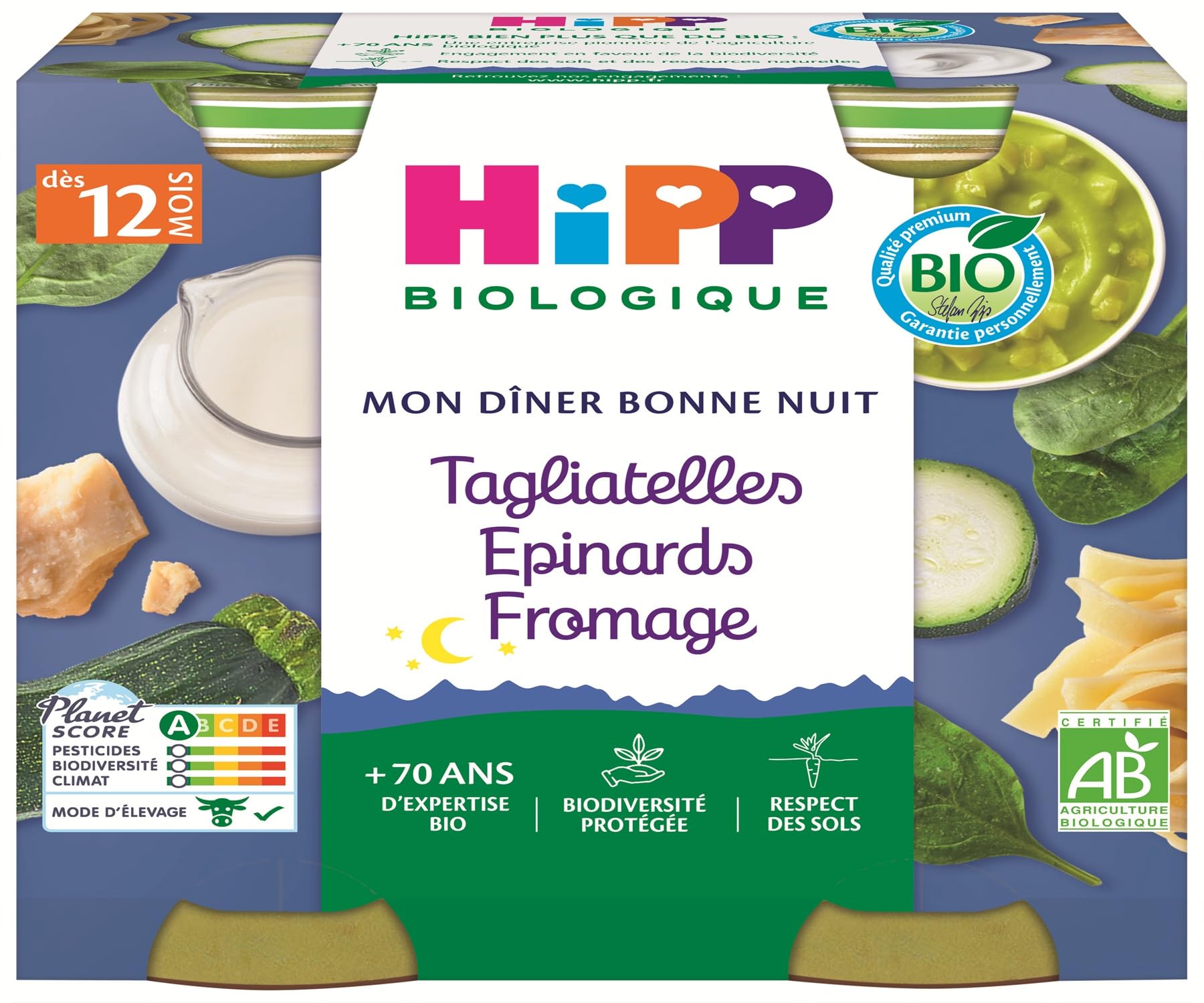 HiPP - Mon Dîner Bonne Nuit - Tagliatelles Epinards Fromage - Pots 2x250g - Lot de 6 - BIOLOGIQUE