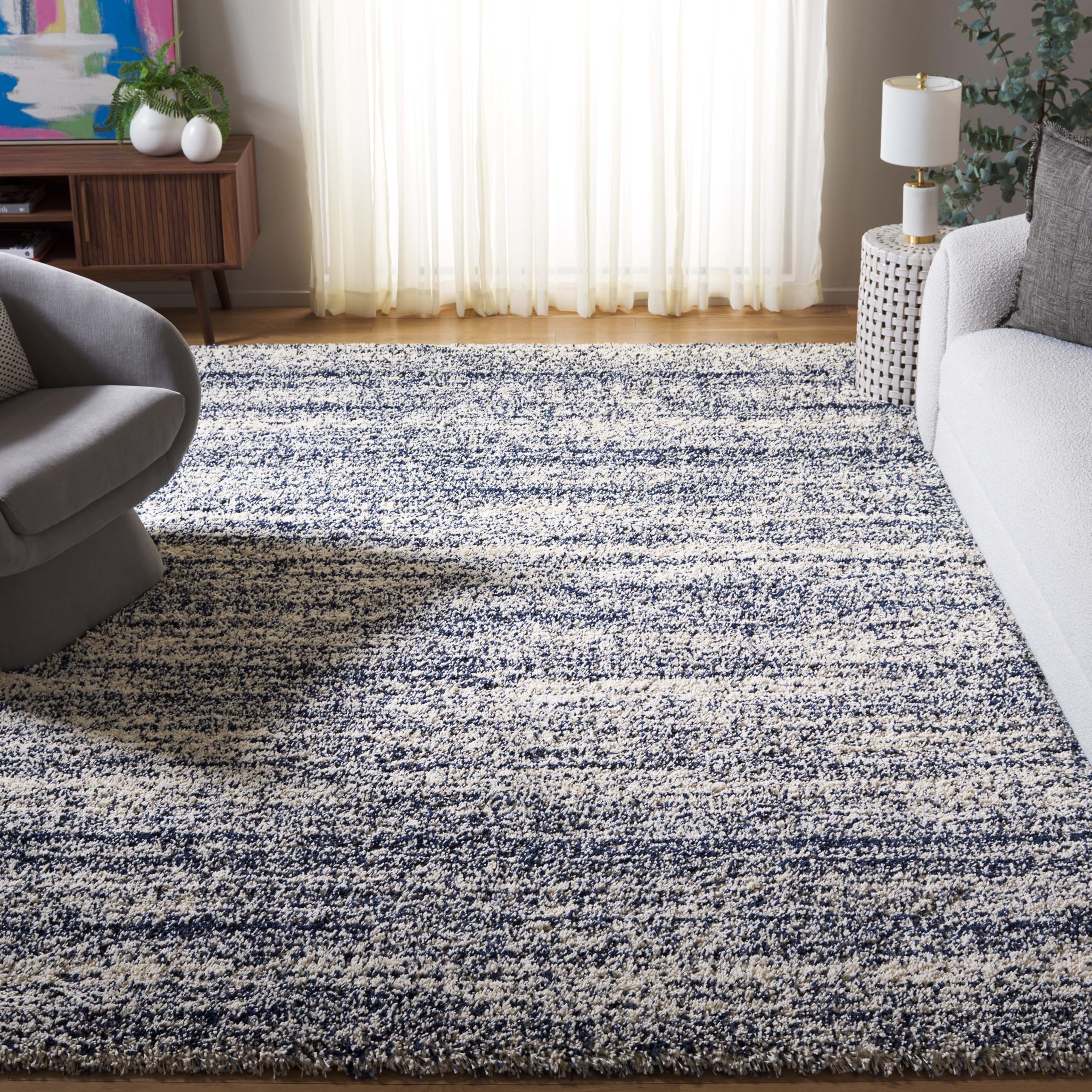 SAFAVIEH Area Rug 8x10 - Hudson Shag Collection - Large - Ivory & Navy, Modern Design, Non-Shedding & Easy Cleaning, Ultra Plush Thick Pile, Ideal for Living Room, Bedroom, Dining Space (SGH295A)