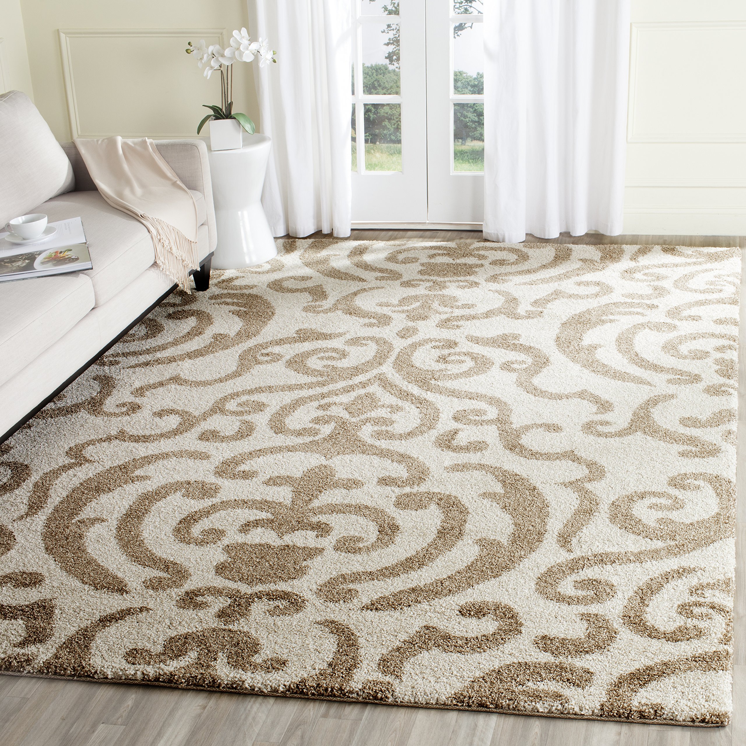 SAFAVIEH Area Rug 8x10 - Florida Shag Collection - Large - Cream & Beige, Damask Pattern, Non-Shedding & Easy Cleaning, Plush Thick Pile, Ideal for