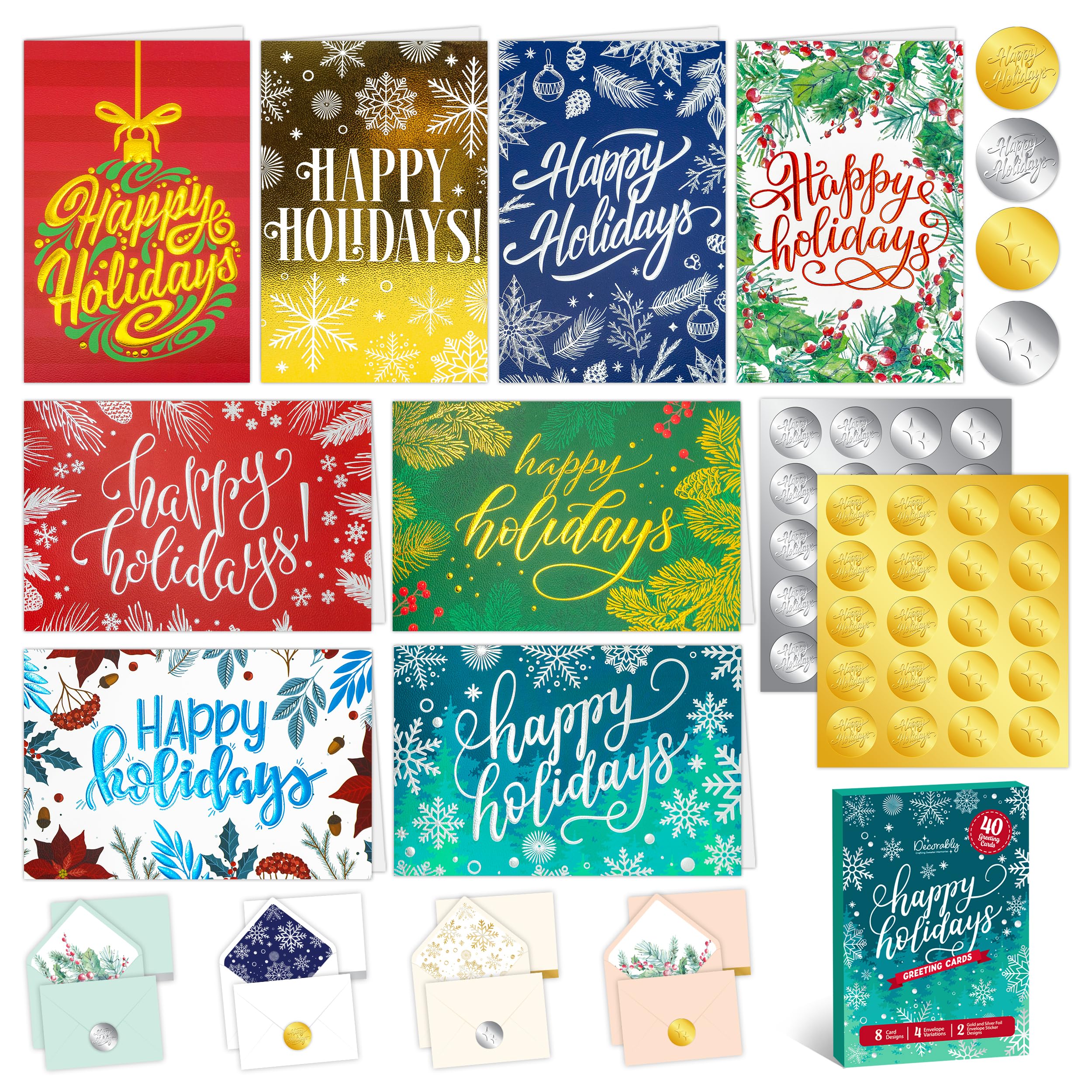 Decorably 40 Pack Foil Embossed 5x7in Assorted Holiday Cards Bulk with Envelopes and Stickers, 8 Elegant Designs Happy Holidays Cards with Envelopes, with Printed Message Inside