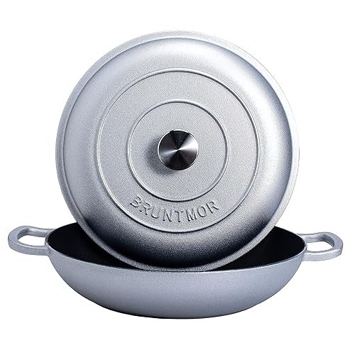 Miniatura 9 de Bruntmor - Horno holandés tipo sartén skillet hierro fundido esmaltado, 3.8 cuartos de galón, asas y tapa utensilio cocina poco profundo, cocción