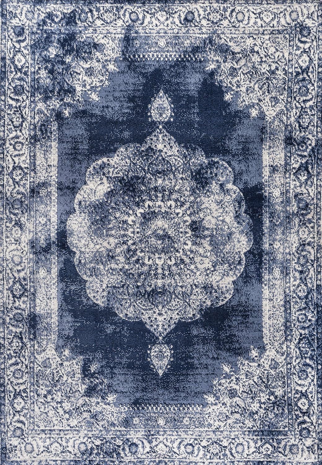 Eyely PDM403D-8 Modern Rosalia Cottage Medallion Indoor Area Rug Bohemian;Traditional;Vintage, Bedroom, Kitchen, Living Room, Easy-Cleaning, Non-Shedding, 8 X 10, Navy/Ivory