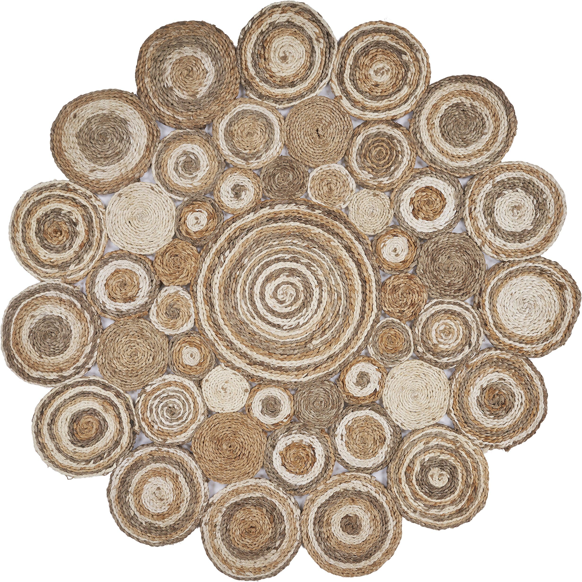 LR Home Natural Jute 4ft Round Area Rug for Home Decor | Braided Jute Rugs for Living Room, Bedroom, Playroom | Bohemian Farmhouse Indoor Carpet for Room Decor | Natural/Bleach Gray