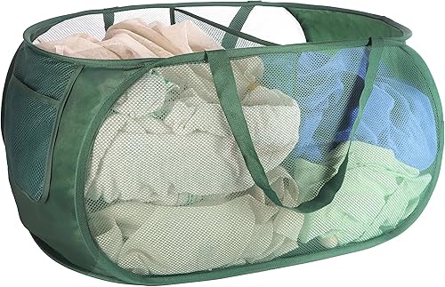 Cesta plegable de malla para lavandería, 2 compartimentos, cesta de lavandería con asas fuertes, fácil de abrir y plegar para dormitorio,