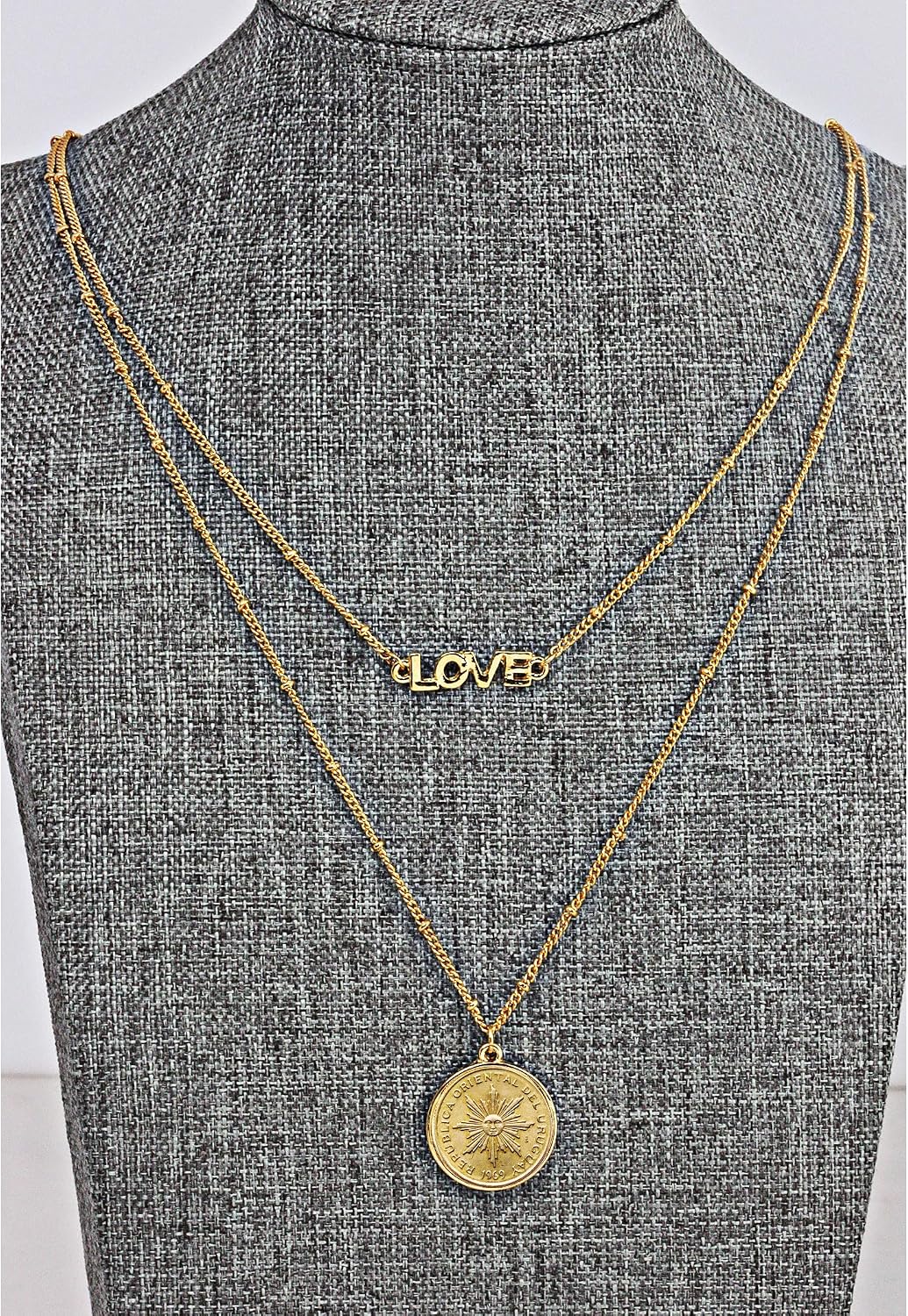 American Coin Treasures Sun Coin Necklace Double Strand Love Chain– Genuine Uruguay Coin | Goldtone Saturn Style Chain and Lobster Claw Clasp | Certificate of Authenticity
