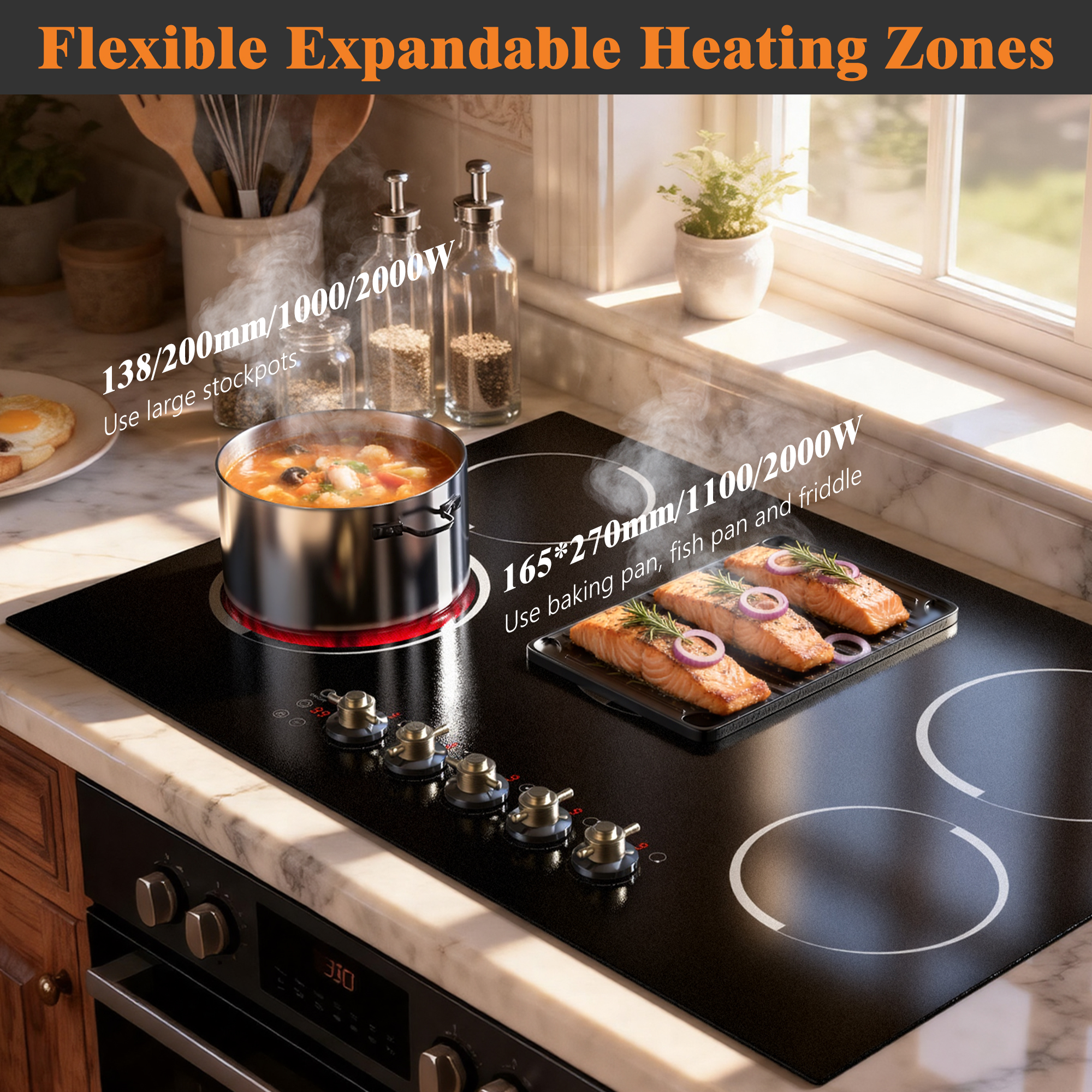 Image of Electric Cooktop 30 Inch(Cut-out Size: 29.13 inchx19.3 inch) - 8400W High Power 5 Burners Electric Stove, Built-in 30 Inch Burner Knob Control, Timer, Safety Lock, 240V Hard Wired (No Plug)