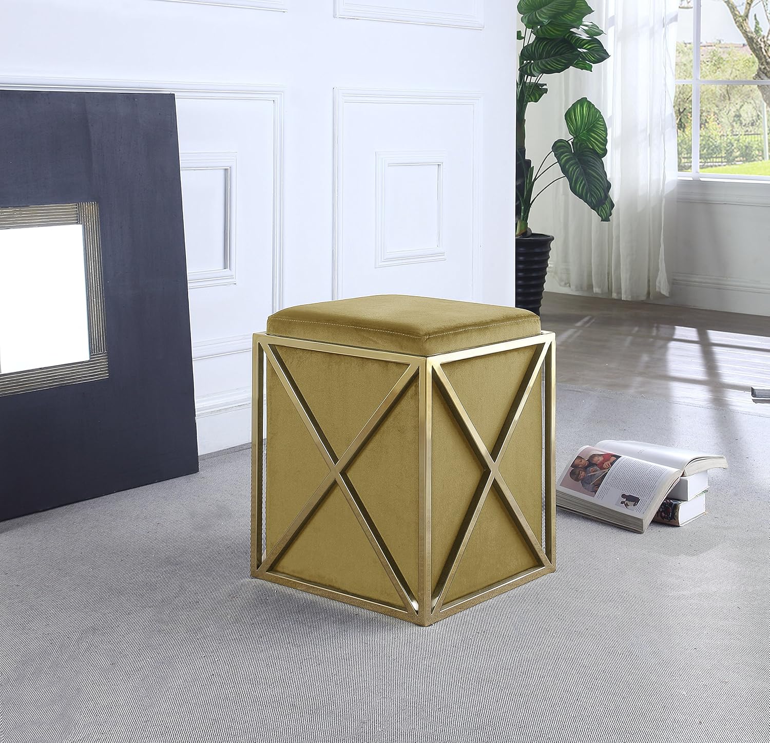 Uр Tо 60% оƒƒ Iconic Home Vana Ottoman Brass Finished Stainless Steel X Frame Square Velvet Bench, Contemporary Modern, Cognac