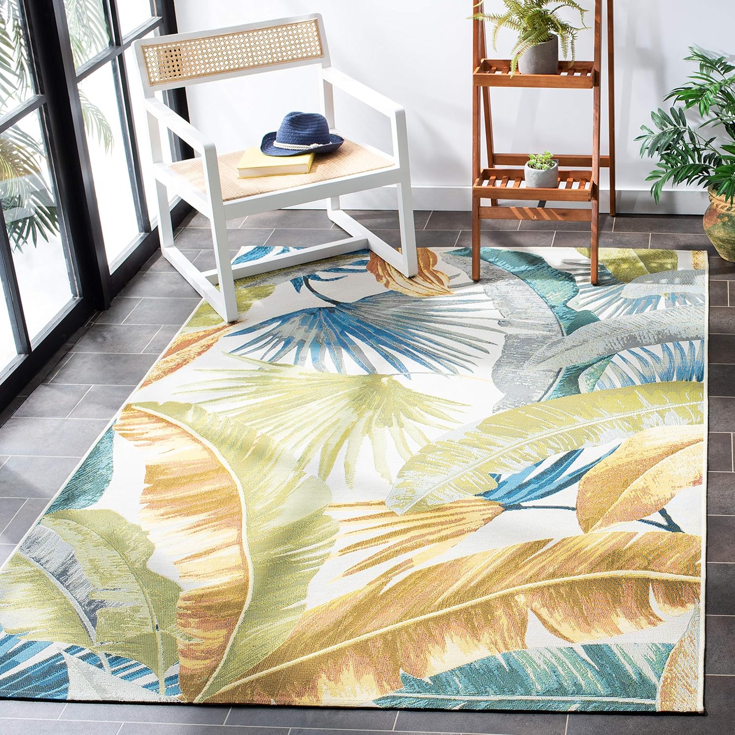 SAFAVIEH Barbados Collection Area Rug - 5'3" x 7'6", Gold & Green, Tropical Botanical Design, Non-Shedding & Easy Care, Indoor/Outdoor & Washable-Ideal for Patio, Backyard, Mudroom (BAR520C)