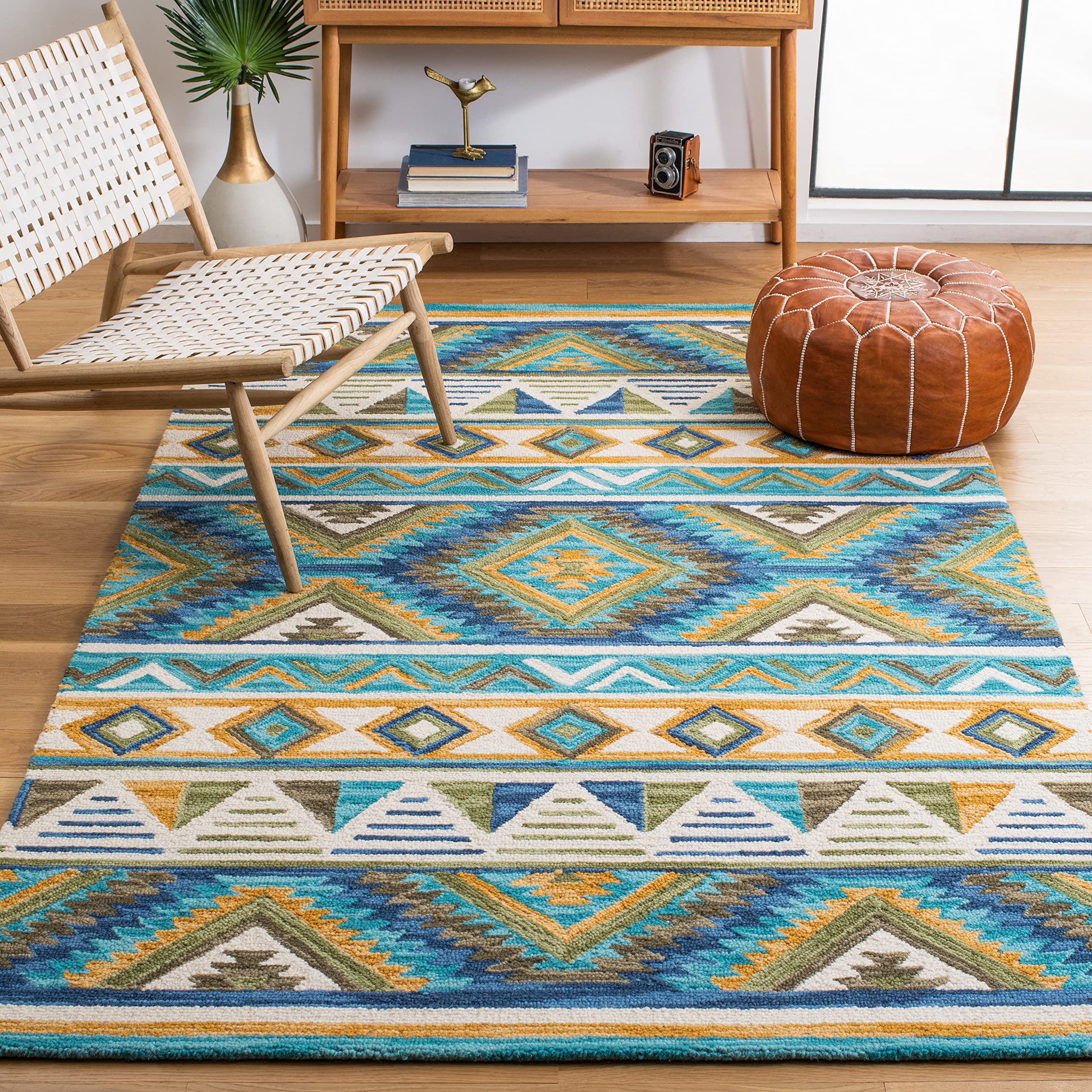 SAFAVIEH Area Rug 8x10 - Aspen Collection - Large - Blue & Yellow, Handmade Wool, Boho Design, Ideal for Living Room, Bedroom, Office, Dining Space (