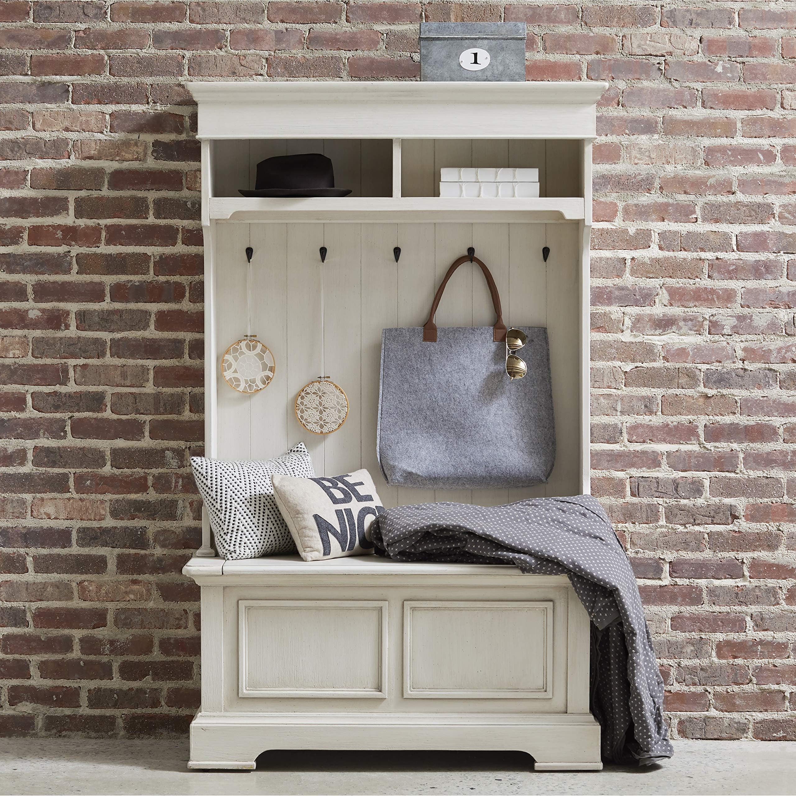 Pulaski Antique White, 39" L x 18" D x 64" H Storage Bench Hall Tree,