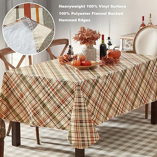 Miniatura 4 de Newbridge Mantel de vinilo con parte trasera de franela de vinilo para otoño y Acción de Gracias, color verde, óxido y marrón, fácil de limpiar, de