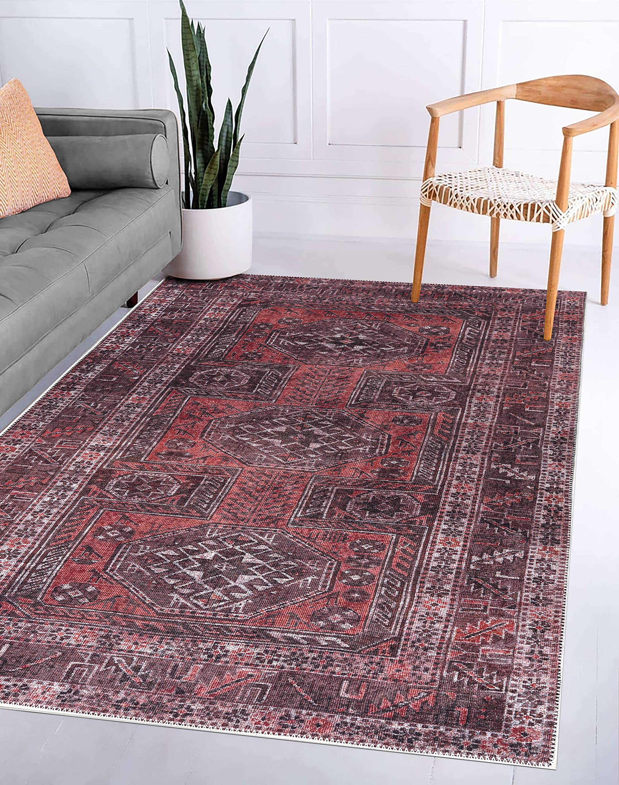 Photo 1 of Adiva Rugs Machine Washable Area Rug with Non Slip Backing for Living Room, Bedroom, Bathroom, Kitchen, Printed Persian Vintage Home Decor, Floor Decoration Carpet Mat (RED/Brown, 7'10" x 10') 7'10" x 10' Red/Brown 41