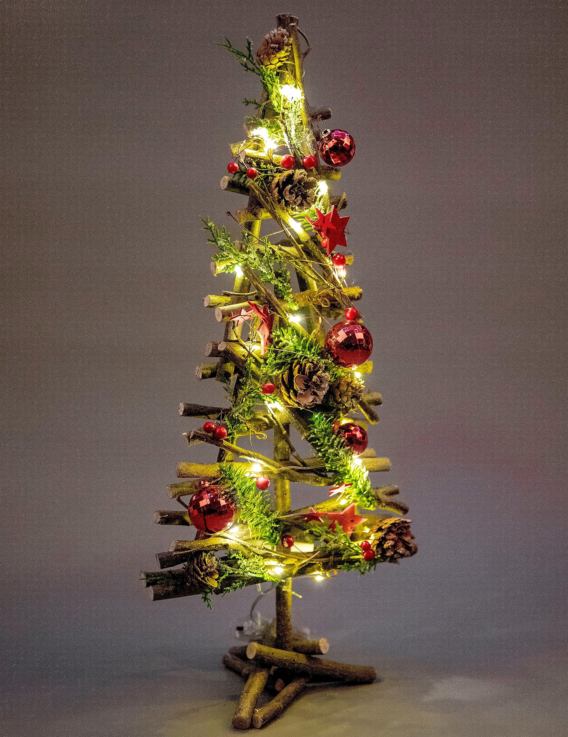 SHATCHI 50cm Prelit Christmas Tree Battery Operated - Wooden Twigs Base Decorated with Red Baubles,Berries,Stars,Foliage,Pine Cones, Micro Rice LED Lights - Christmas Home Centerpiece Decoration
