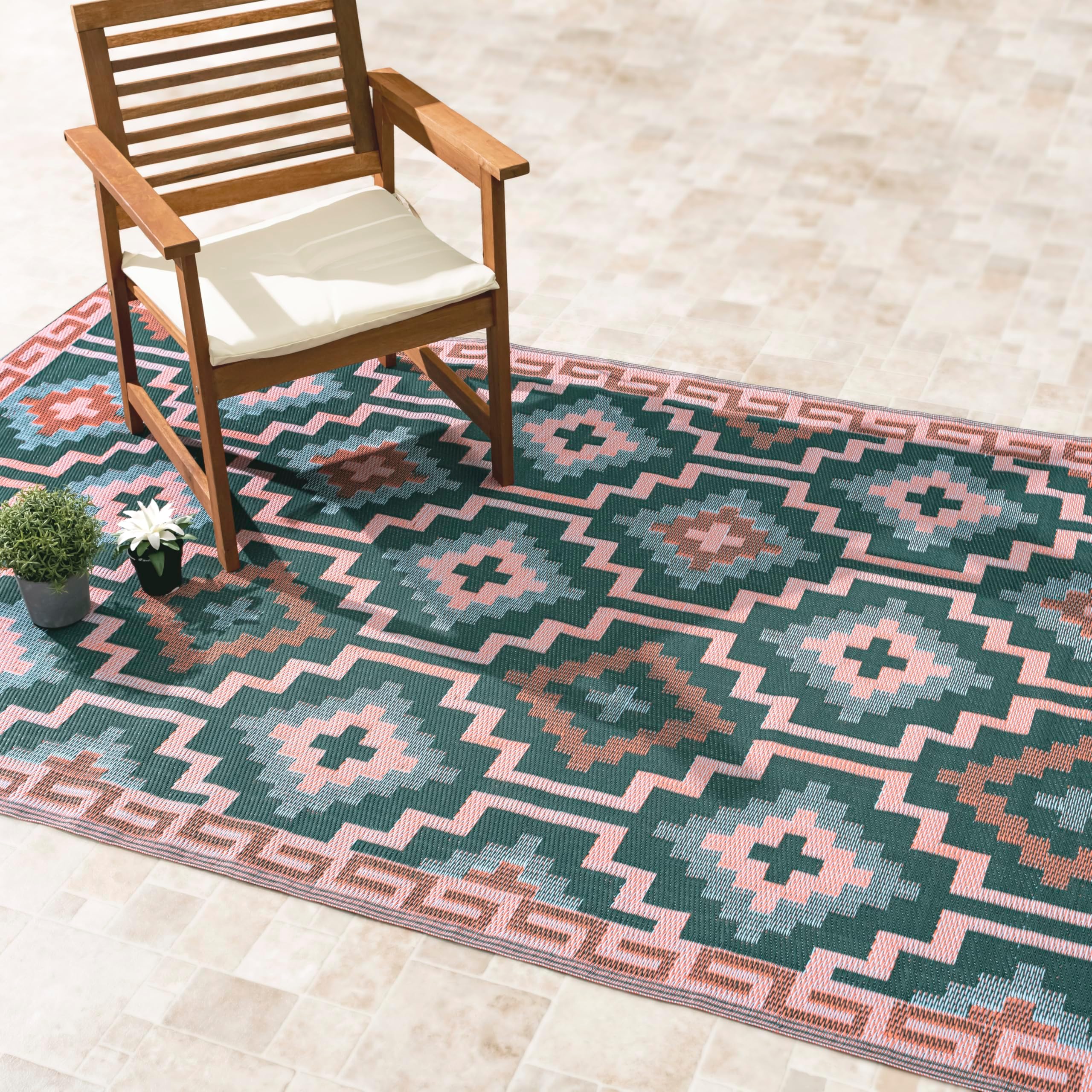 Fab Habitat Outdoor Rug - Waterproof, Fade Resistant, Crease-Free, Reversible - Premium Recycled Plastic - Vintage Boho Kilim - Patio, Porch, Deck, Balcony - Lhasa - Green - 5 x 8 ft