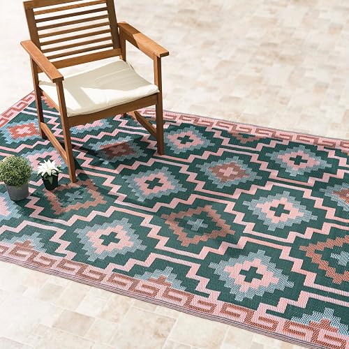 Fab Habitat Outdoor Rug - Waterproof, Fade Resistant, Crease-Free, Reversible - Premium Recycled Plastic - Vintage Boho Kilim - Patio, Porch, Deck, Balcony - Lhasa - Green - 5 x 8 ft