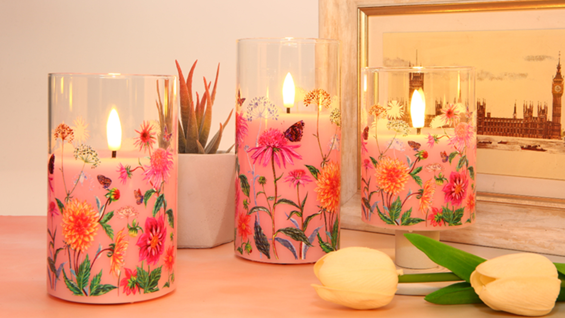 Image of Pink Floral Glass Flameless Pillar Candles with Remote, Flickering Spring LED Battery Candles Home Decor Set of 3